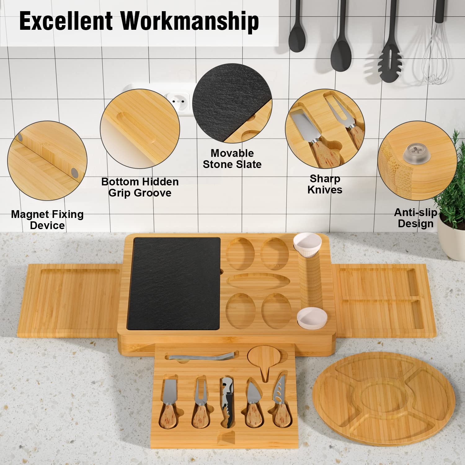 Premium Bamboo Charcuterie Board Set with Knives - 15.7