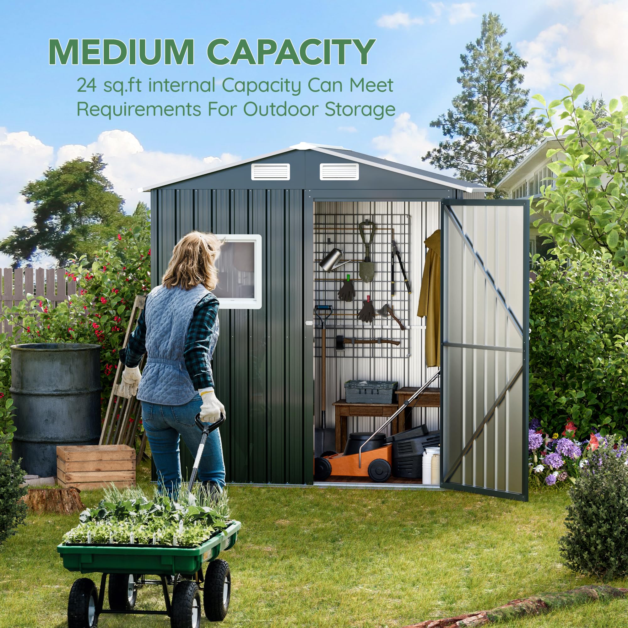 6x4x6.5 FT Compact Vertical Outdoor Steel Storage Shed with Lockable Doors - Heavy Duty Garden, Backyard & Patio Utility Shed for Tool Storage, Bike Shelter, Trash Can Enclosure & Chicken Coop | Weather-Resistant & Secure Outdoor Organization Solution