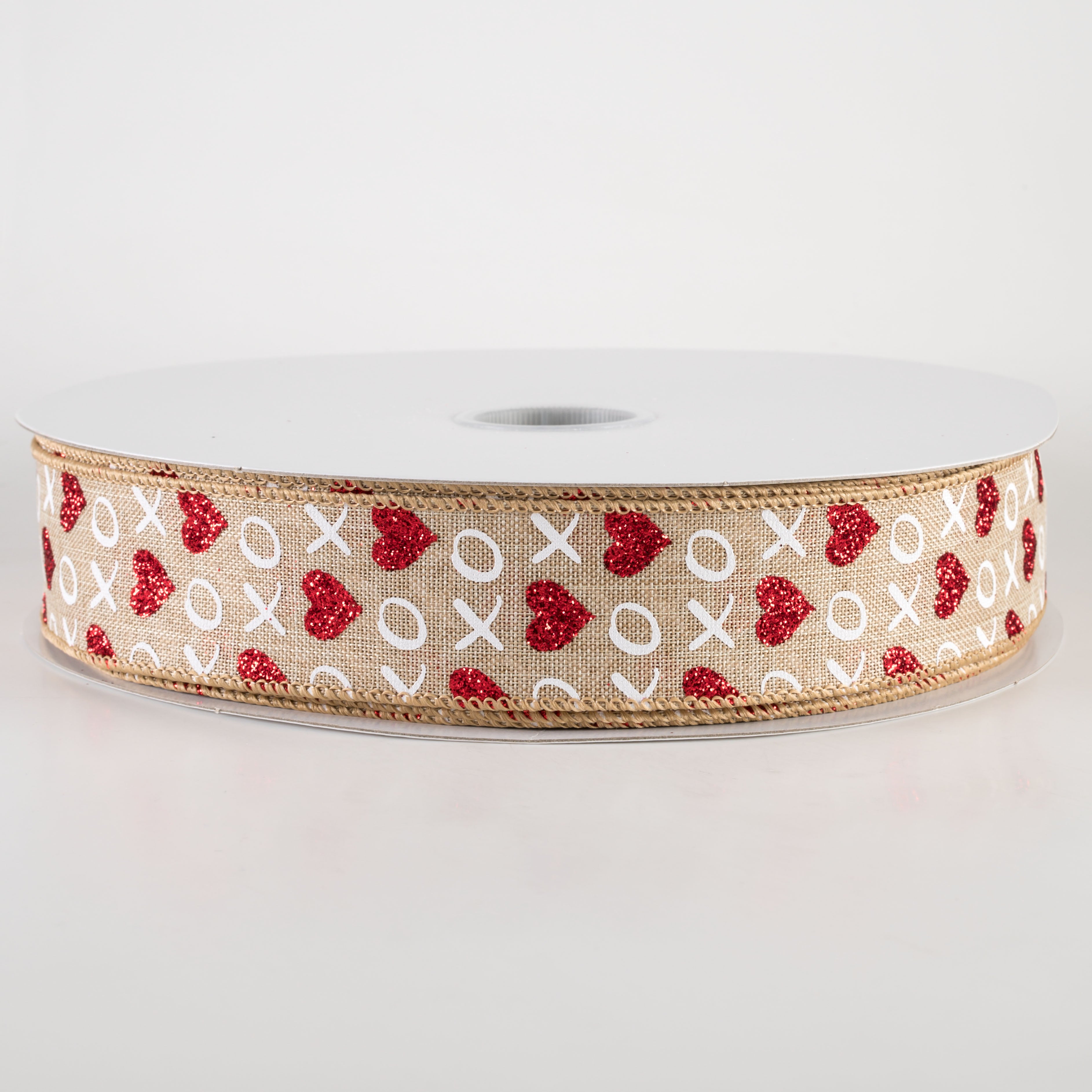 1.5 Inch Linen Glittered XOXO Hearts Ribbon - Natural Color 50 Yards for Gift Wrapping, Wedding Decorations & DIY Crafts