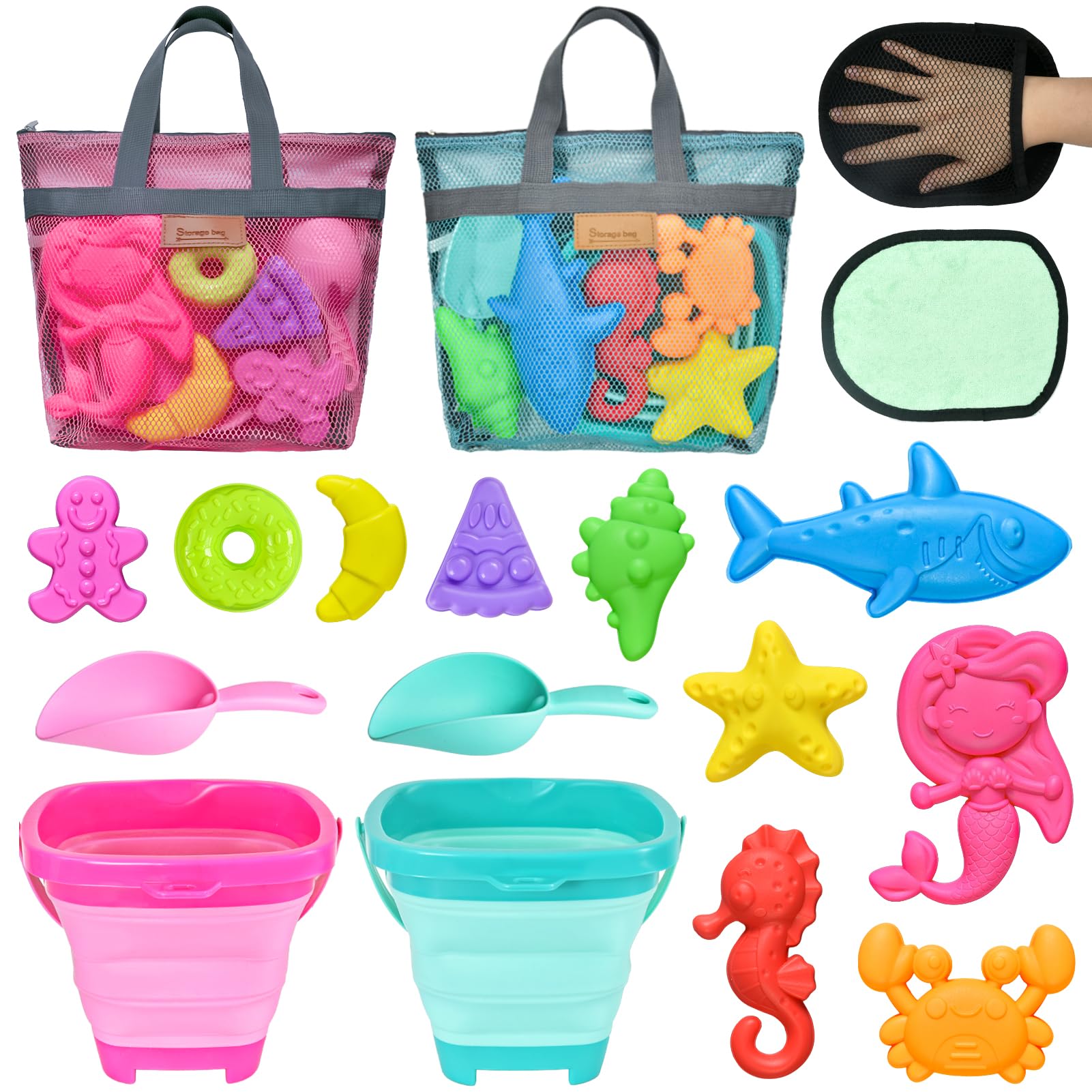 Foldable Beach Toys for Kids - 2 Pack Collapsible Sand Buckets, Mesh Storage Bags, Animal Shaped Sand Molds & Shovel Set for Toddlers Ages 3-7 | Perfect for Sandcastle Building, Beach Trips & Outdoor Summer Play