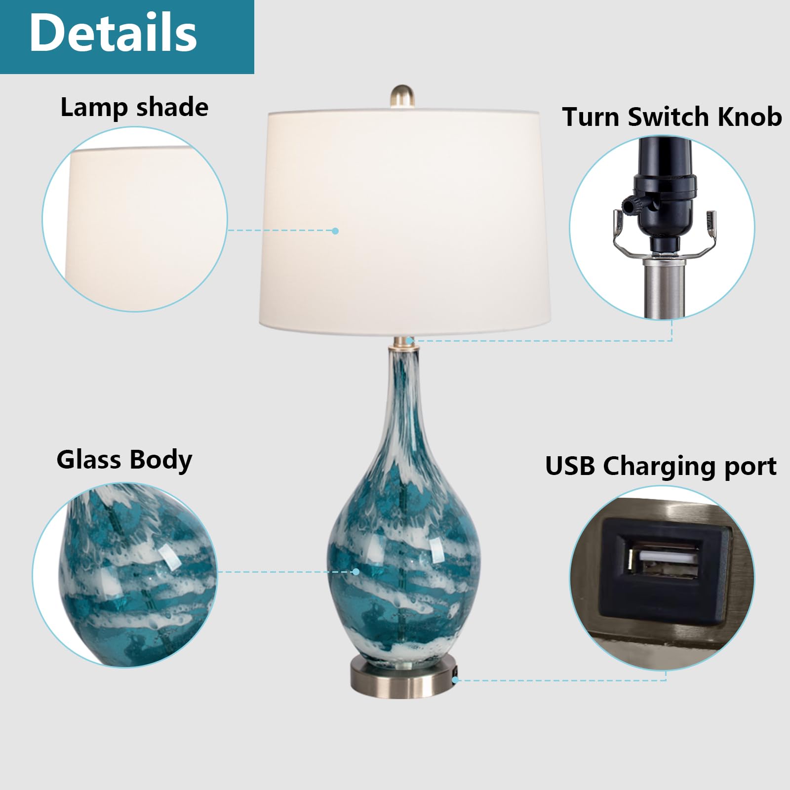 Maxax Coastal Glass Table Lamps Set of 2 - Blue USB Bedside Lamps with White Fabric Shade, Modern Nightstand Lighting for Bedroom, Living Room & Coffee Table (ETL Certified) | Perfect for Coastal Decor, Reading Nook & Ambient Lighting