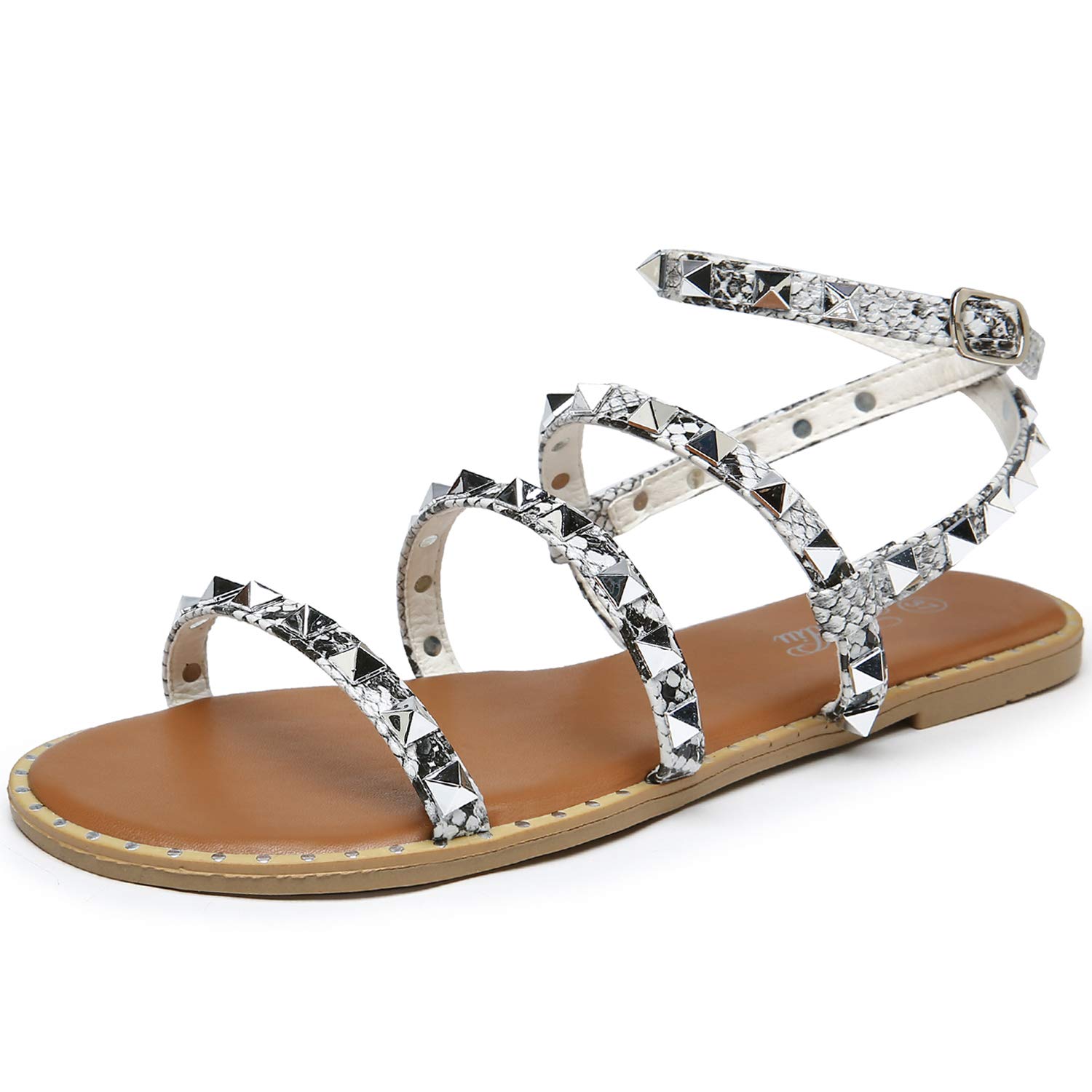 Katliu Women's Flat Sandals - Strappy Studded Gladiator Sandals with Ankle Strap | Comfortable Summer Casual Shoes for Beach, Vacation & Daily Wear