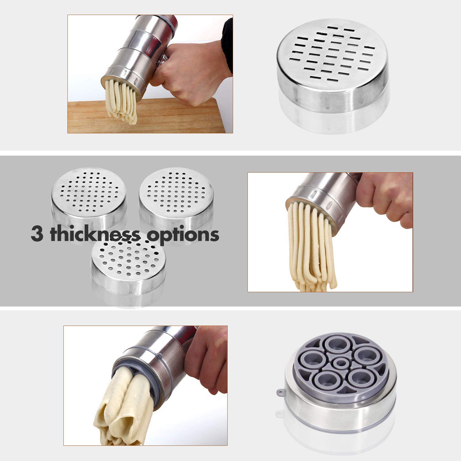 Stainless Steel Manual Pasta Maker Machine with 5 Noodle Molds - Hand Press Spaghetti & Fettuccine Pasta Press - Includes Fruit Juicer Attachment for Fresh Juice - Perfect for Italian Cooking & Homemade Pasta Making (18.5x14cm)