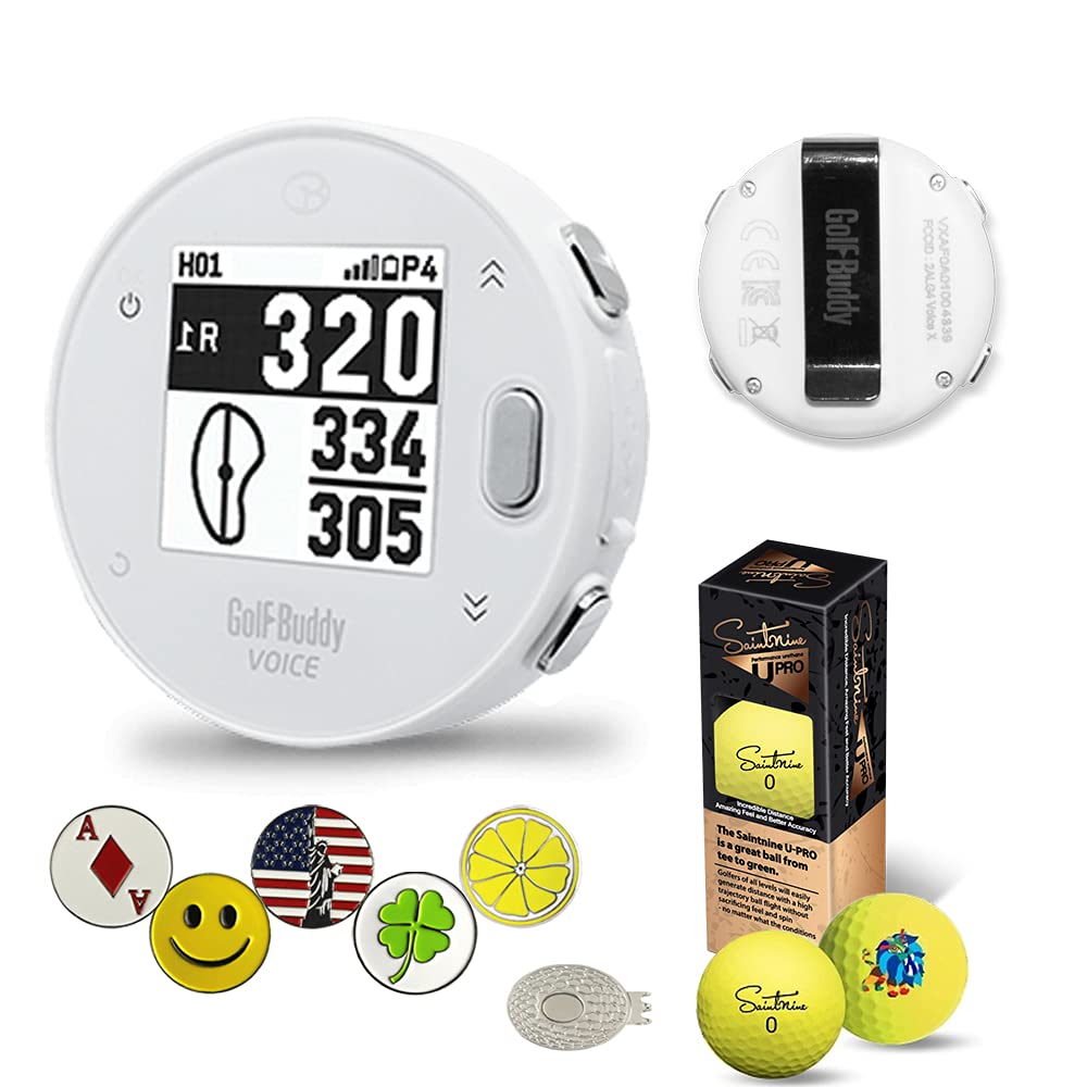 GolfBuddy Voice X GPS Rangefinder Bundle with 5 Ball Markers, Magnetic Hat Clip & Saintnine 2 Ball Sleeve (White) - Perfect for Golf Course Distance Measurement & Accessory Organization