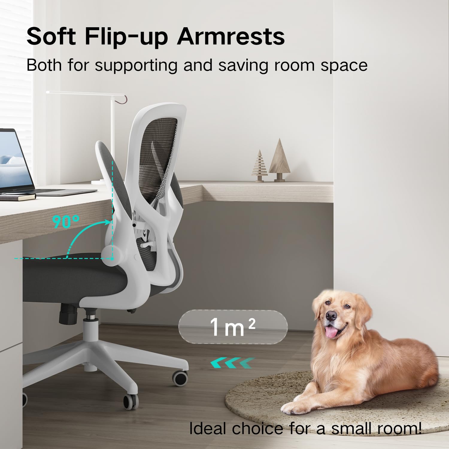 Hbada Ergonomic Office Chair - Adjustable Lumbar Support Mesh Computer Desk Chair with PU Silent Wheels, Flip-Up Armrests & Tilt Function - White | Perfect for Home Office, Gaming & Workspace