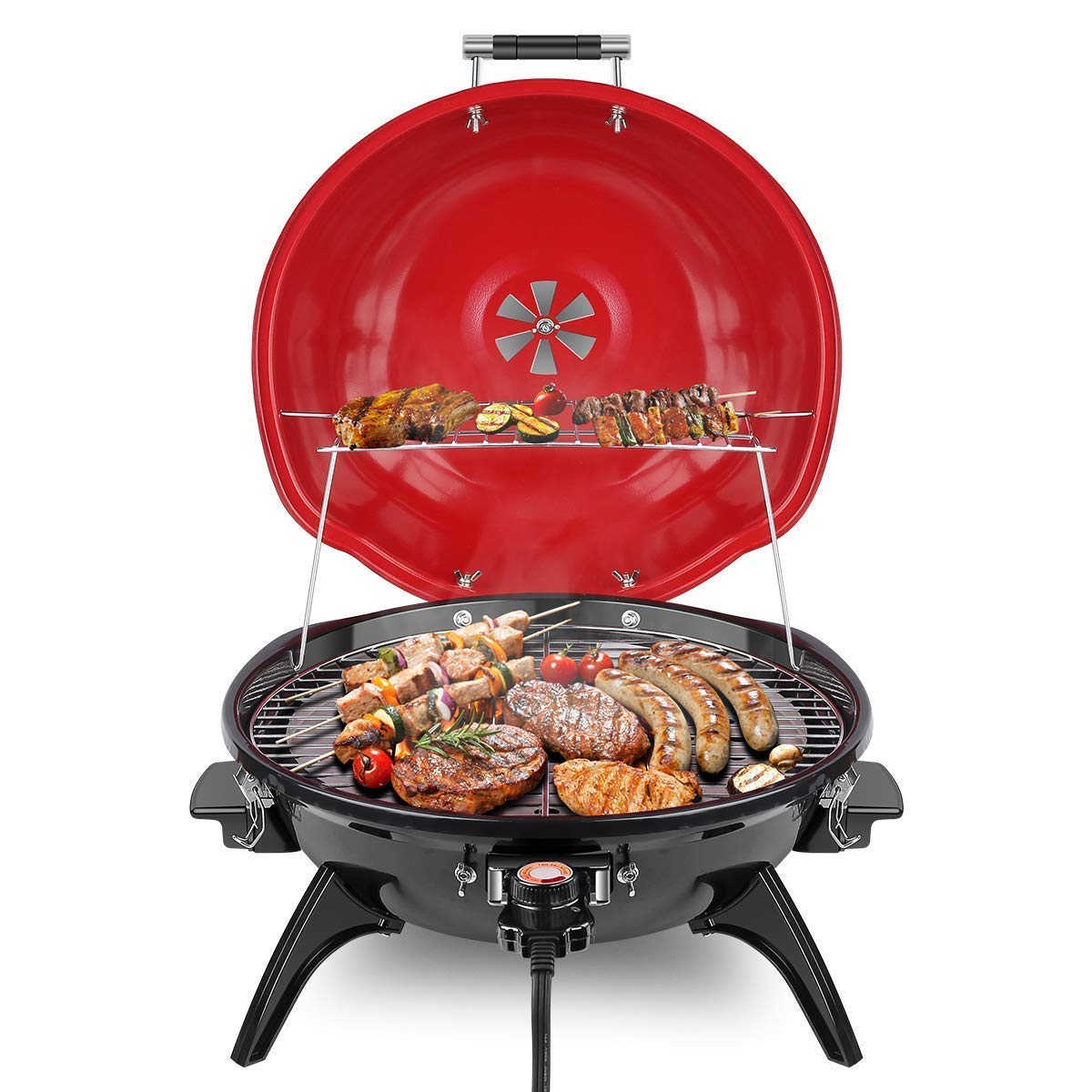 Techwood 1600W Electric BBQ Grill - Indoor & Outdoor Portable Countertop Grill with Double Layer Design & Removable Stand - Perfect for Patio, Camping, and Small Space Cooking (15-Serving Capacity)