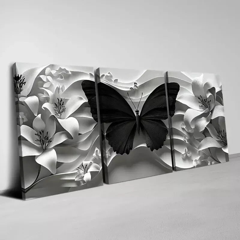 3-Piece Abstract Dark Butterfly with White Florals Wall Art Set - 50x70cm Framed Canvas Prints | High Quality Australian Made | Ready to Hang | Perfect for Living Room, Bedroom & Office Decor