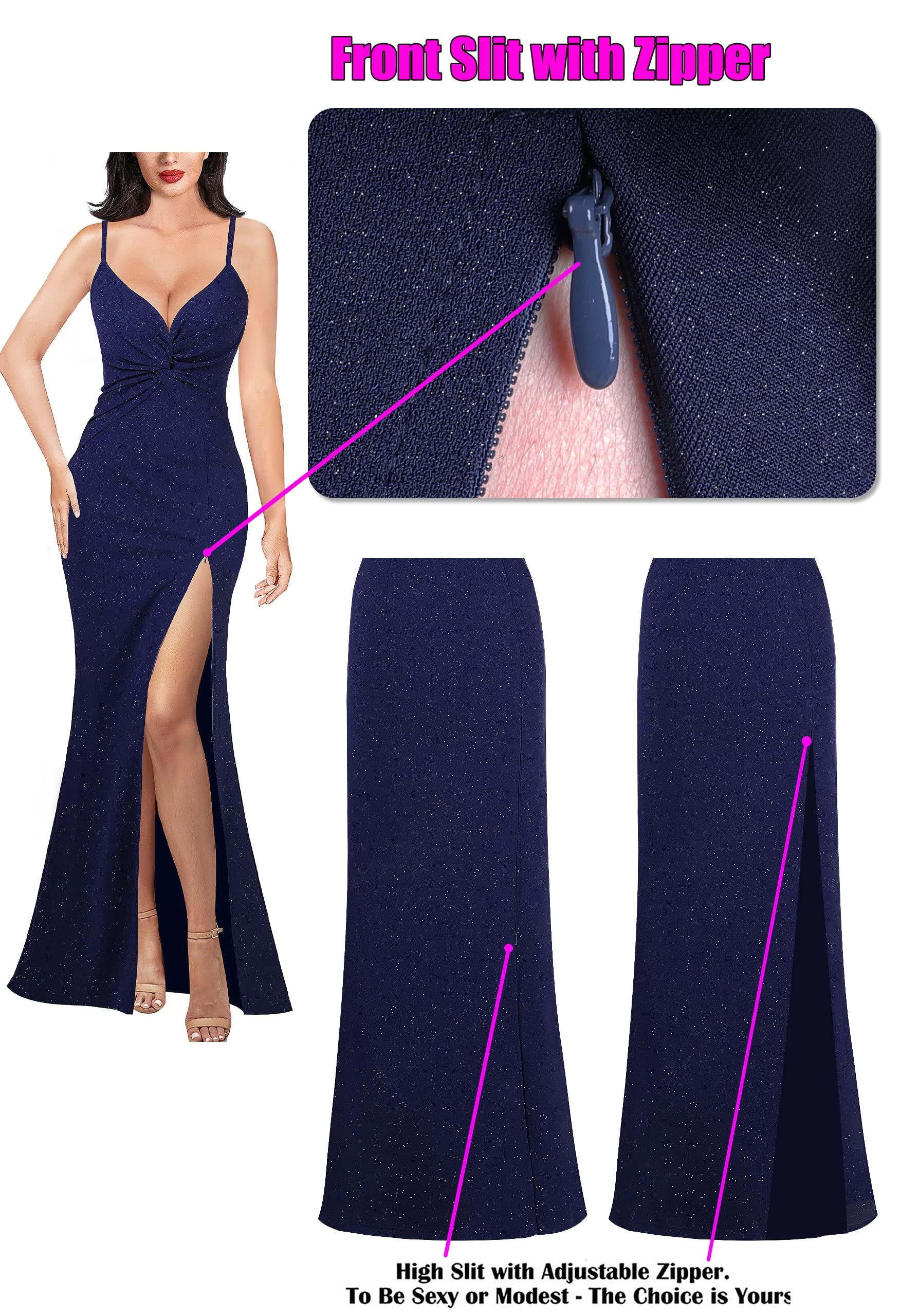 VFSHOW Women's Glitter Spaghetti Strap Twist V-Neck Backless Zipper High Slit Formal Evening Gown Prom Maxi Dress for Party, Wedding, Gala & Special Occasions