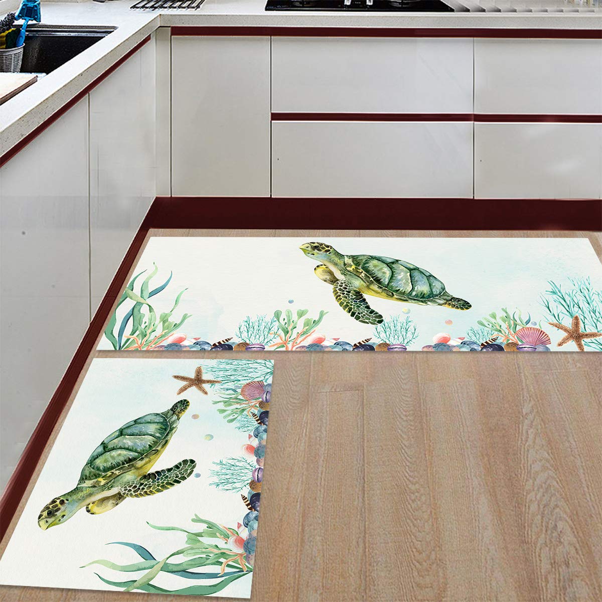 Ocean Life Absorbent Floor Mats - 2-Piece Oil Proof Anti-Fatigue Kitchen Rug Set with Non-Slip Rubber Backing, Marine Theme Sea Turtle Coral Starfish Design - Perfect for Kitchen, Bathroom, Laundry Room & High-Traffic Areas