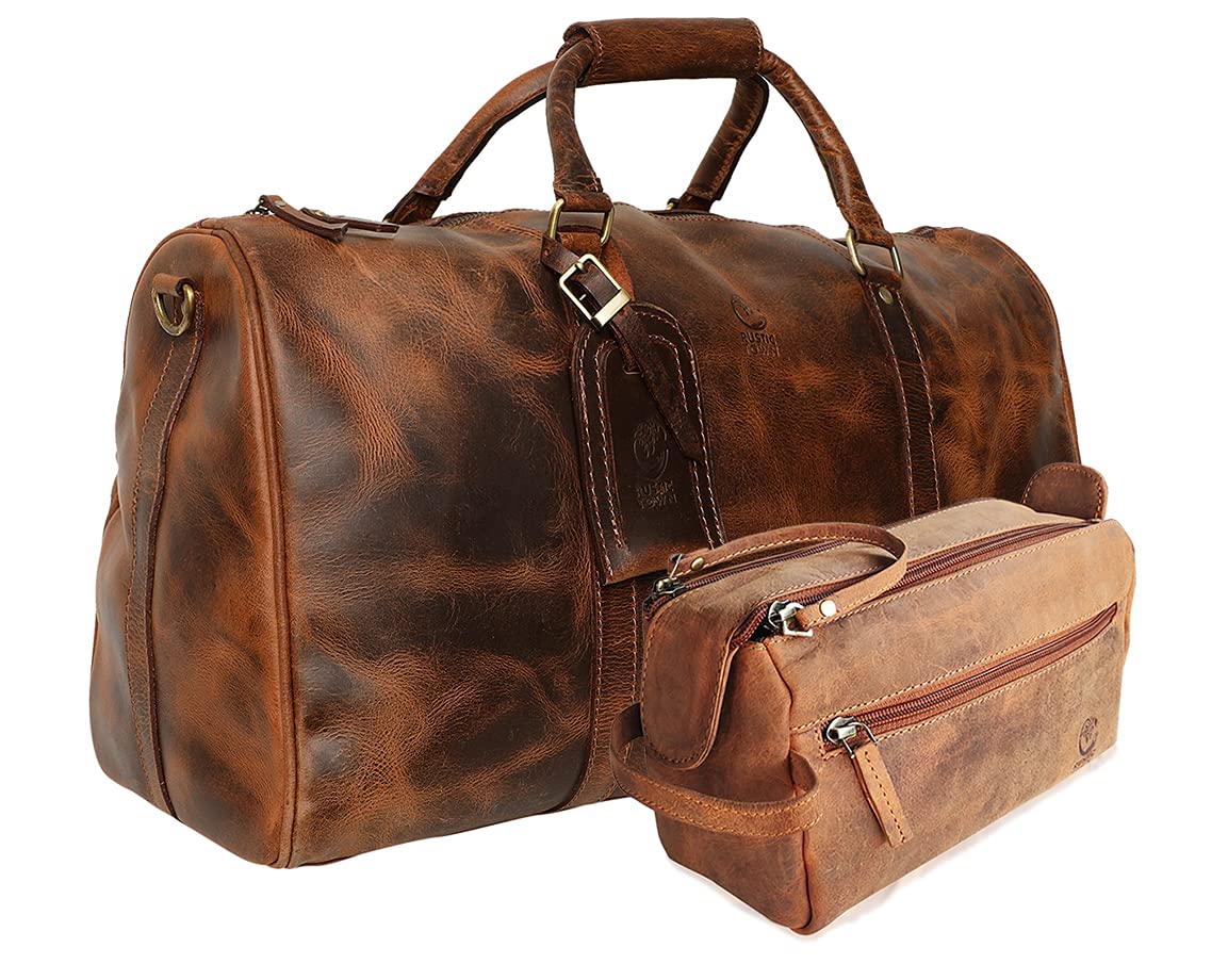RUSTIC TOWN Genuine Leather Duffel Bag & Toiletry Bag Set - Durable Men's Travel Luggage & Grooming Kit | Perfect Gift for Business Trips, Weekend Getaways & Gym Essentials