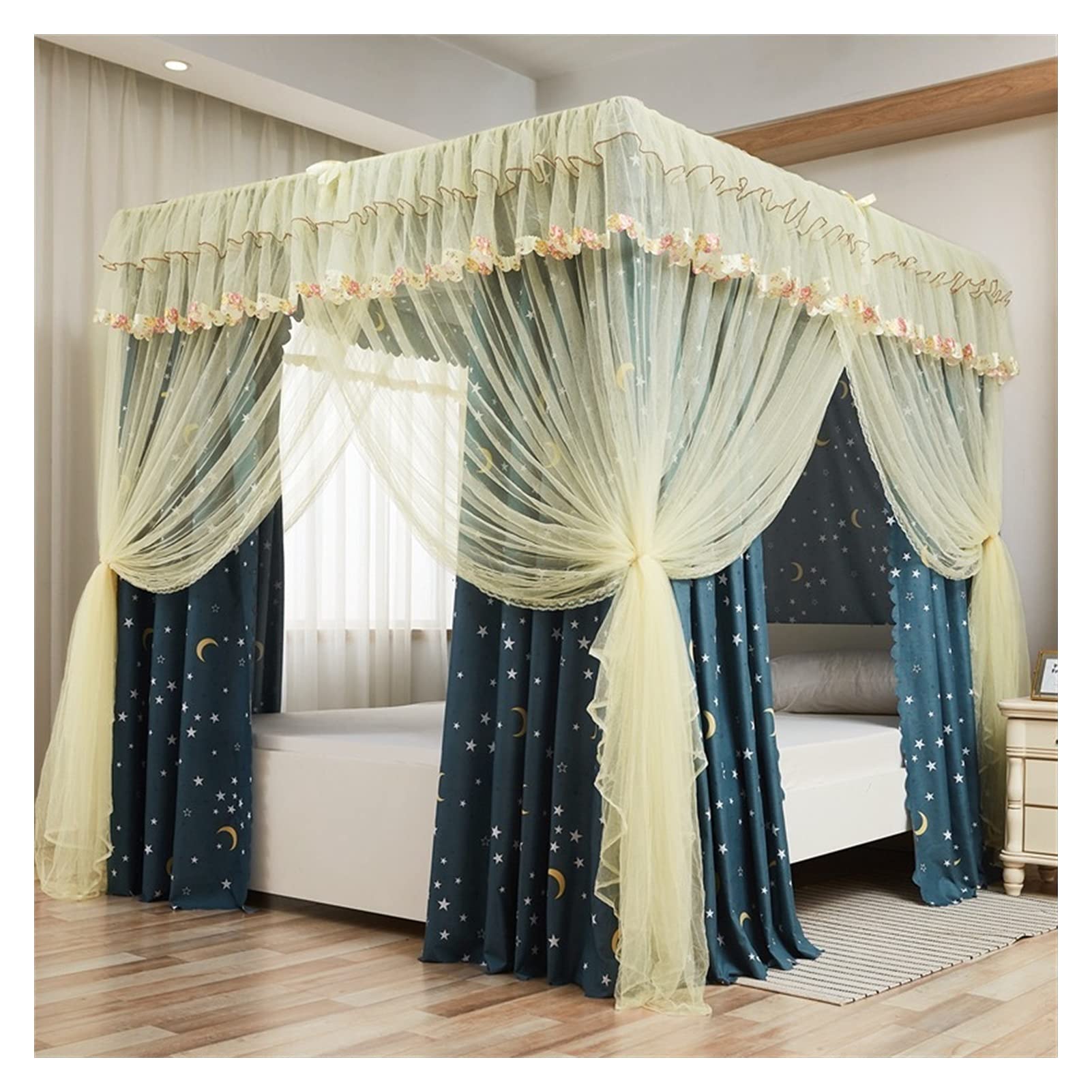Royal Bed Canopy with Frame - 3-Door Romantic Bed Curtain for Queen/King Size Beds (1.5m/5ft) - Elegant Bedroom Decor for Weddings, Master Suites & Luxury Bedrooms - White Sheer Canopy Netting for Dreamy Atmosphere