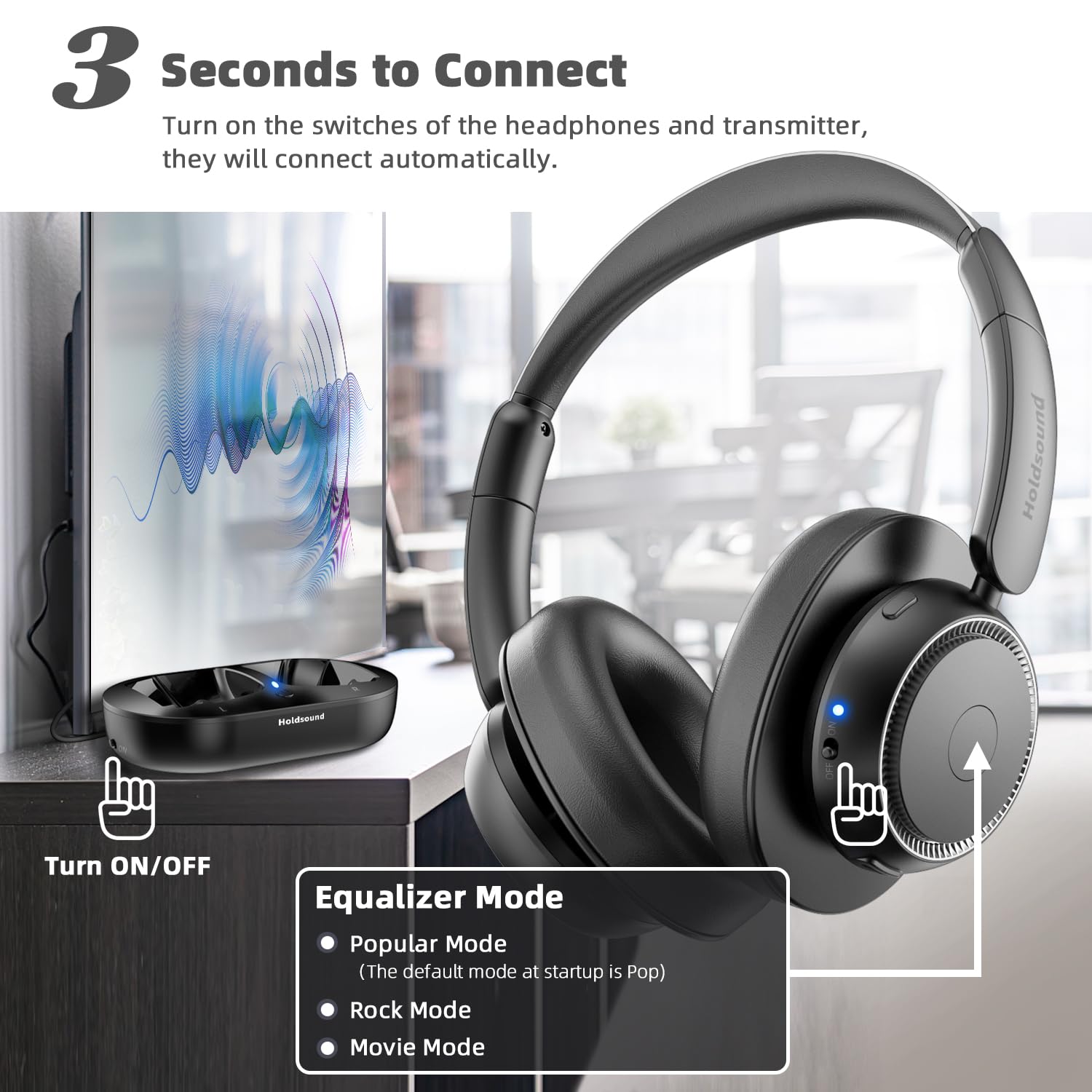 Wireless TV Headphones BKM500 with Transmitter (Optical/AUX/RCA) - Plug & Play, 35H Battery, 3 EQ Modes - Perfect for Late Night TV Watching & Hearing Impaired Users