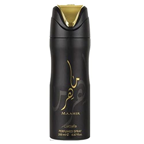 Maahir Deodorant for Men - 200ML (6.7 oz) Long-Lasting Bold Oud Fragrance with Sandalwood, Musk & Vanilla Notes | Floral Essence of Peony, Pink Lily & Jasmine | Premium Arabian Perfumery by Lattafa | Perfect for Daily Wear, Special Occasions & Gift Giving