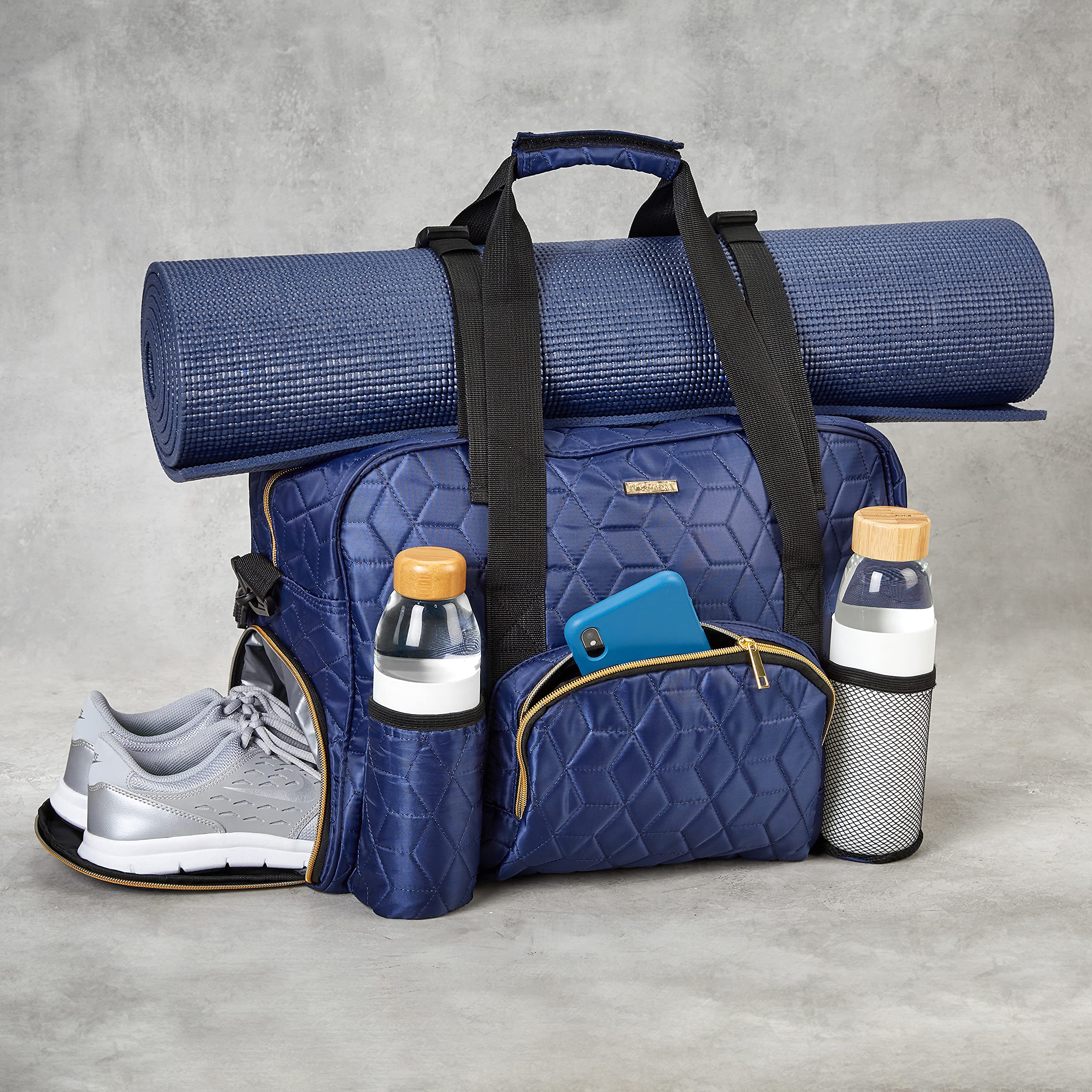 Waterproof Quilted Women's Gym Duffel Bag - Travel & Weekender Bag with Yoga Mat & Shoe Storage - Carry On Luggage for Fitness, Yoga & Travel (Blue)