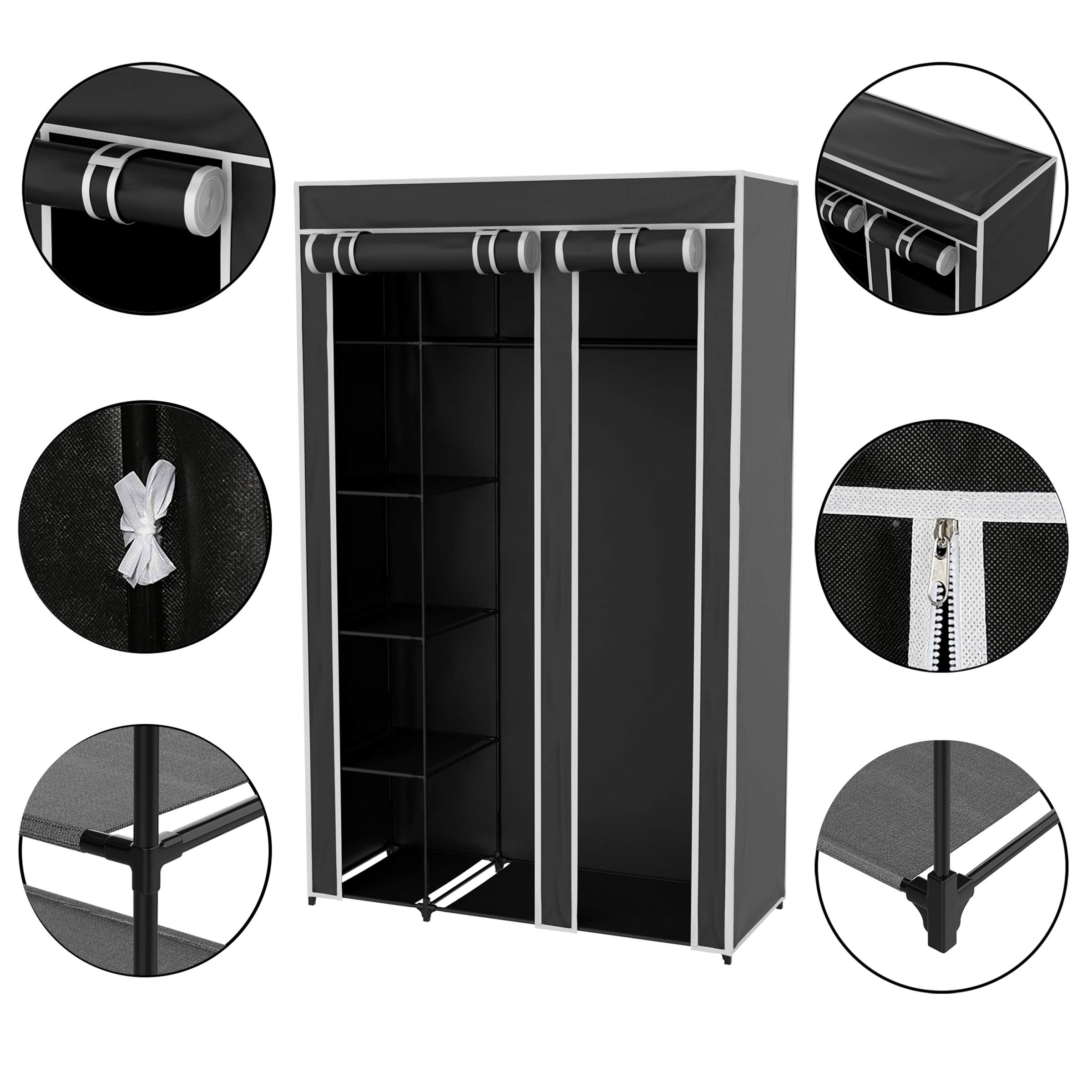 Lavish Home Portable Closet - Freestanding Covered Garment Rack Wardrobe with 5 Shelves & Dust Cover, Metal Frame Clothes Hanger Organizer for Bedroom, Closet, Dorm (Black) - Perfect for Small Spaces & Seasonal Storage