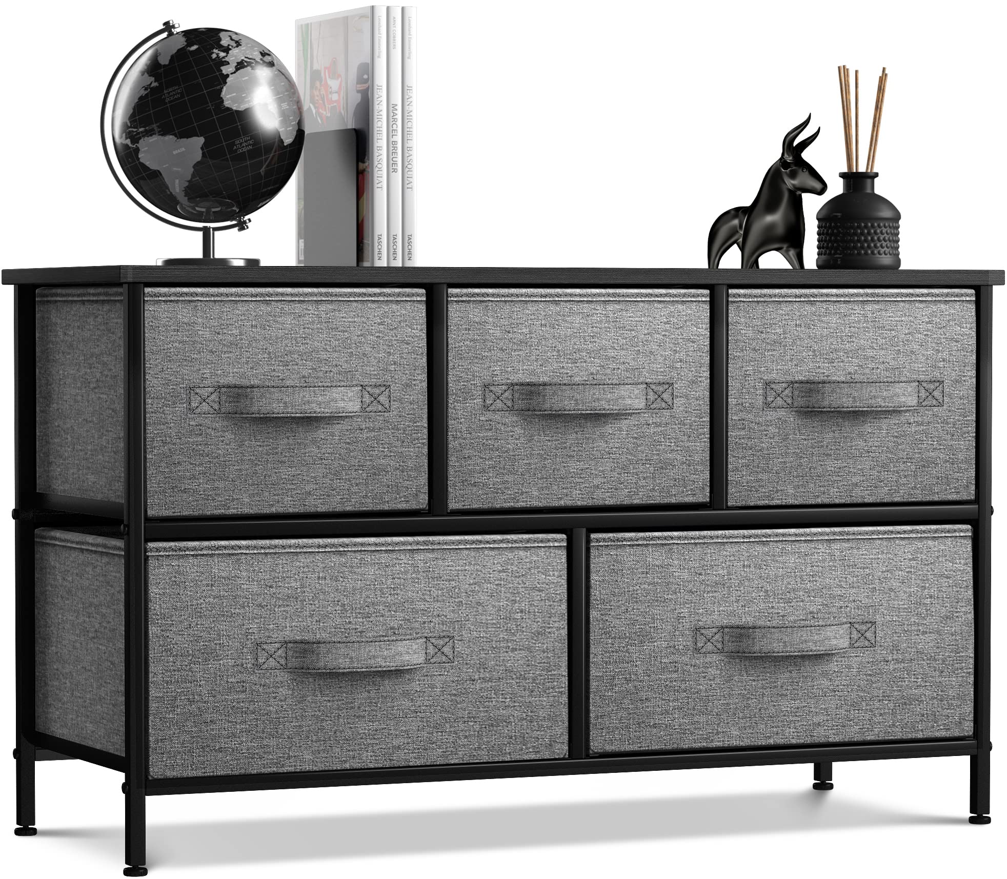 Sorbus 5-Drawer Dresser with Steel Frame & Wood Top - Fabric Bin Storage Organizer for Bedroom, Hallway, Closet & Office - Wide TV Stand Furniture for Home Organization & Space Saving