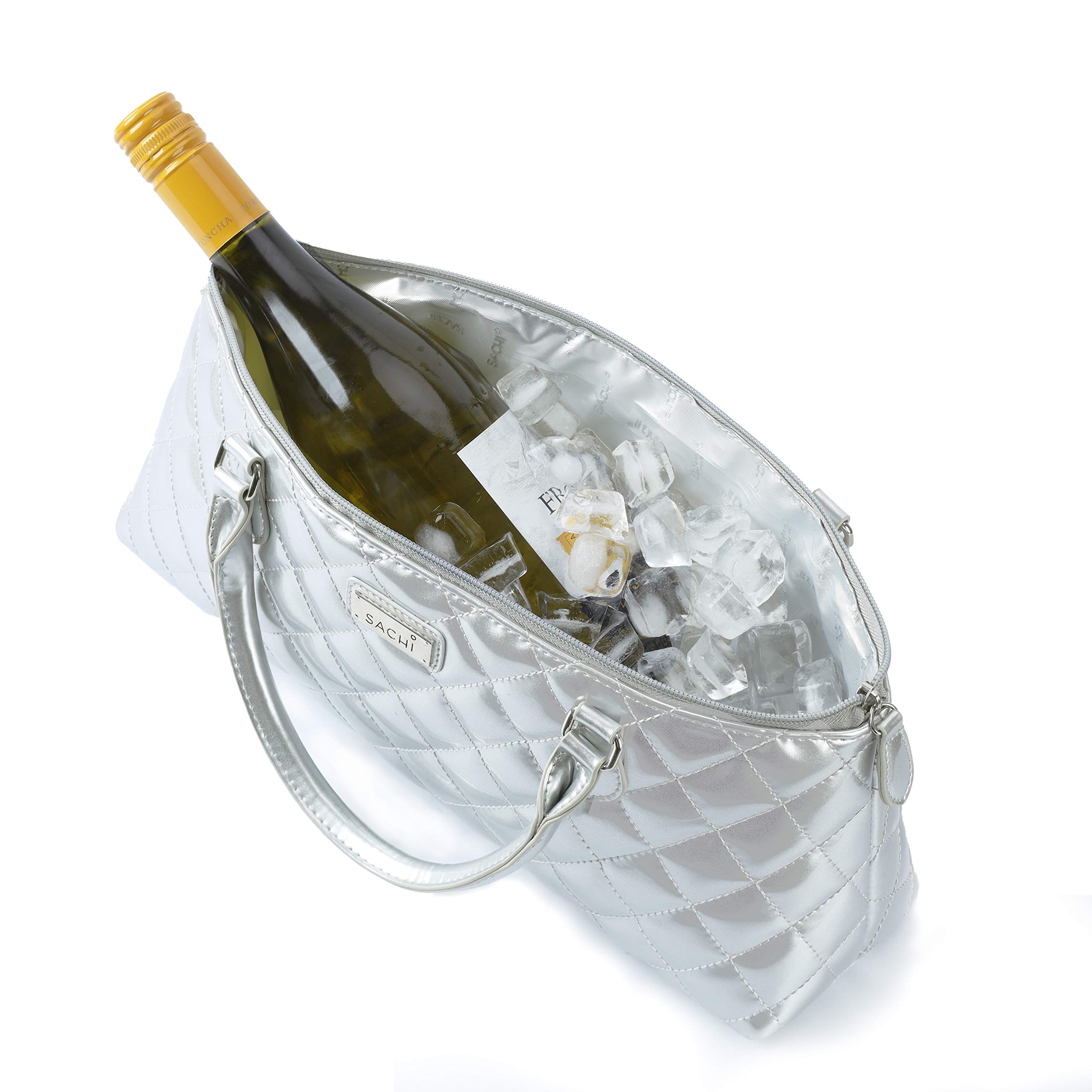 Sachi La Soir'ee Insulated Wine Tote Bag - Faux Leather Quilted Wine Purse & Clutch for Women | Stylish Silver Wine Carrier Cooler Bag for Parties, Picnics & Gifts