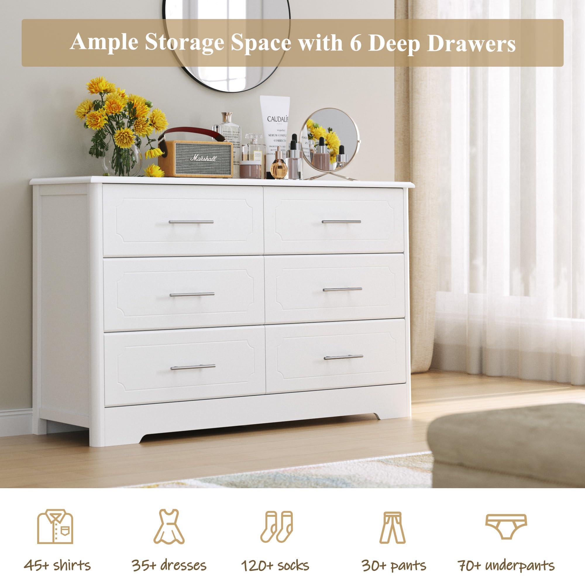 HOSATCK 6-Drawer Dresser - Modern White Wooden Chest of Drawers with Metal Handles, Bedroom Storage Organizer for Clothes, Towels & Linens | Perfect for Master Bedroom, Guest Room & Dormitory (Trapezoid/White)