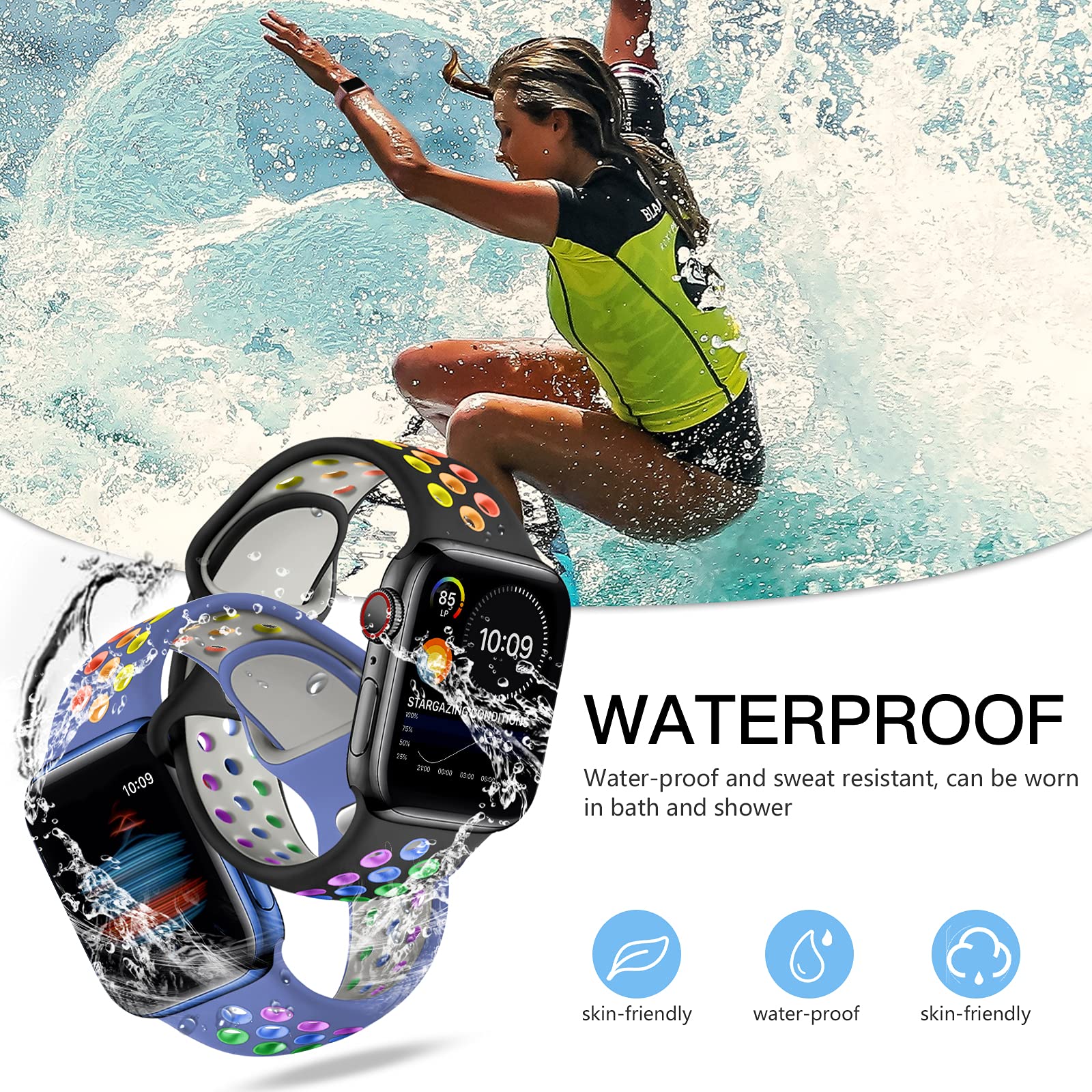 Adorve Compatible with Apple Watch Bands 49mm 46mm 45mm 44mm 42mm - Breathable Silicone Sport Band for iWatch Ultra 2/SE/Series 10/9/8/7/6/5/4/3/2/1 - Men & Women - Black/White/Blue Gray/Blue Rainbow - Perfect for Running, Gym & Daily Wear