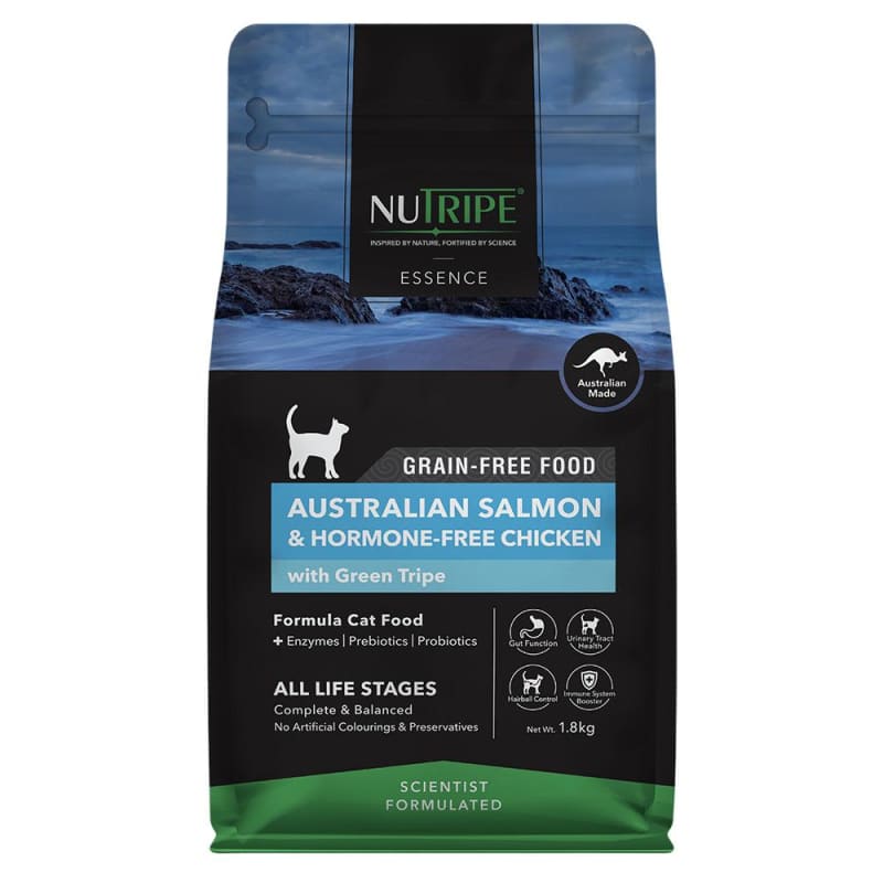 Premium Nutripe Essence Australian Salmon & Chicken with Green Tripe Dry Cat Food - Grain Free, High Protein for Adult Cats (2kg & 4kg Sizes) - Ideal for Indoor Cats & Sensitive Stomachs