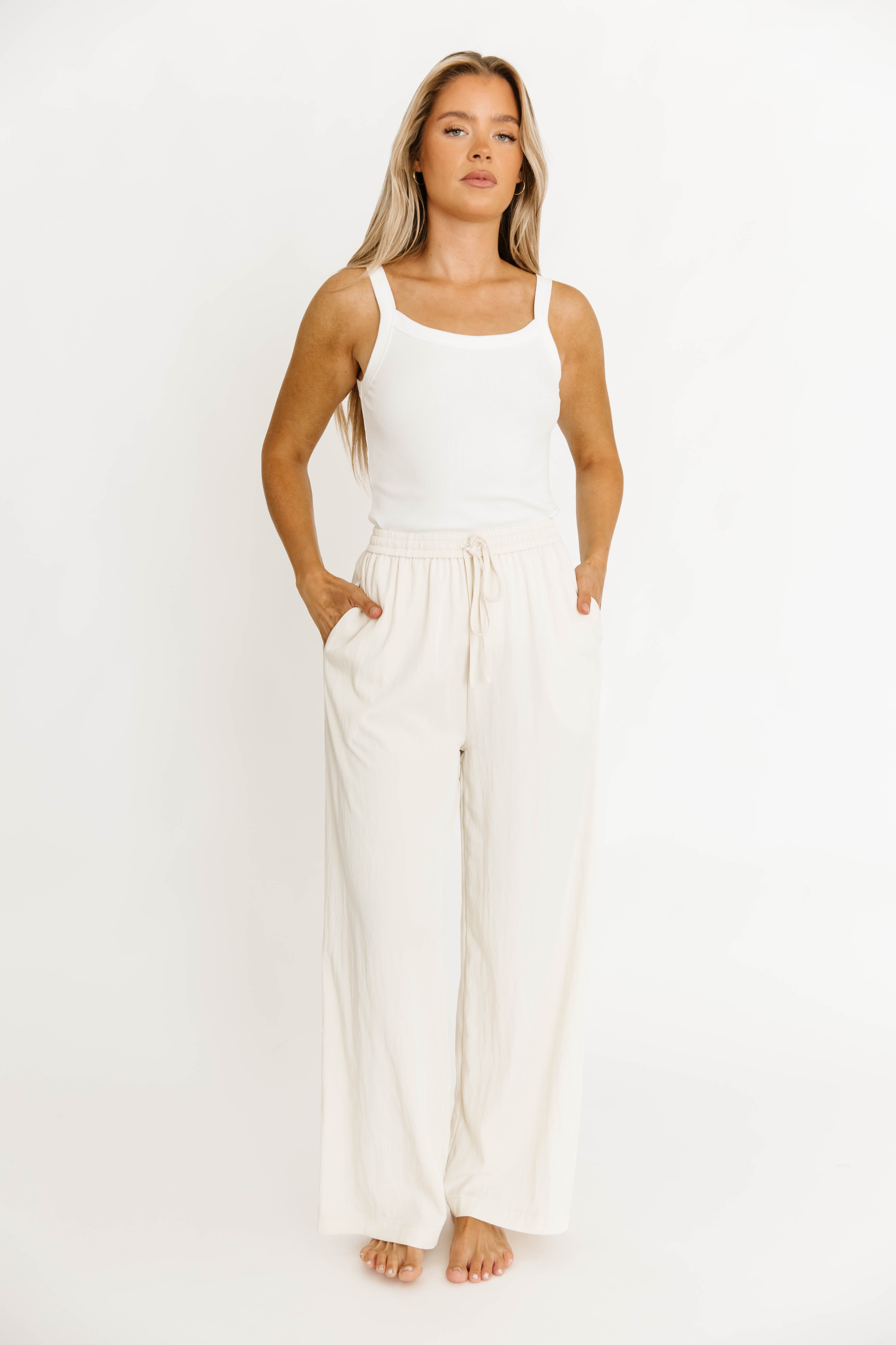 Jill Drawstring Wide Leg Pants for Women - Ivory Linen Casual Lounge Pants with Elastic Waist | Perfect for Yoga, Travel & Relaxing at Home