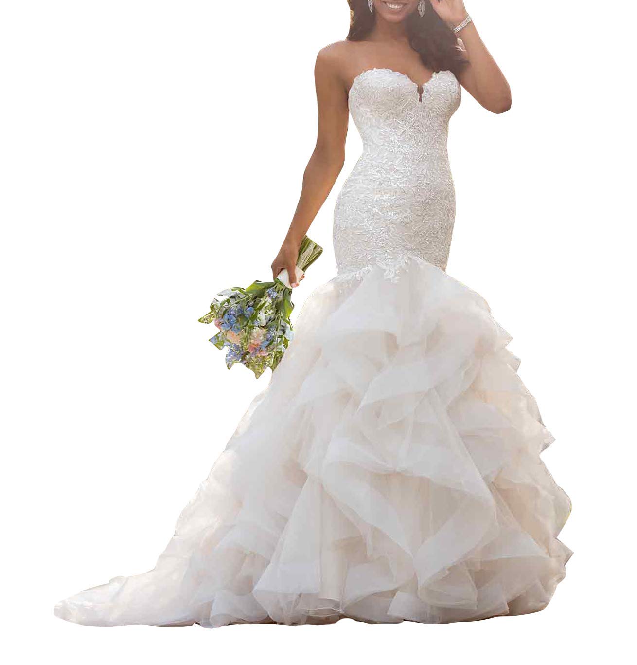 Elegant Long Mermaid Wedding Dress with Ruffle Skirt & Lace Appliques | Sweetheart Neckline Bridal Gown for Beach, Church, and Formal Weddings