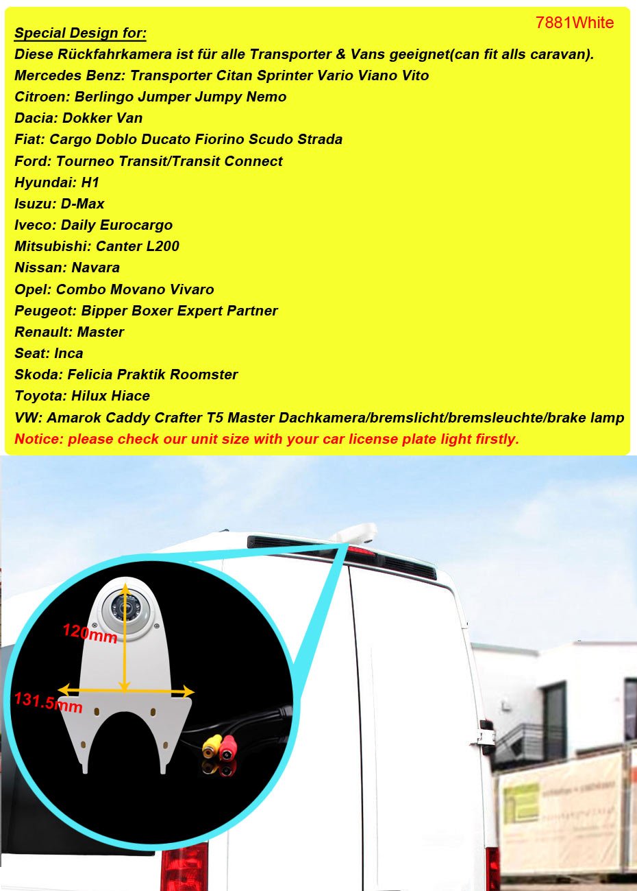 Mercedes Benz Sprinter Viano Vito Transit Ducato VW Crafter T5 Master Rear View Backup Camera - HD Brake Light Car Camera (White) | Easy Installation for Safer Parking & Night Driving