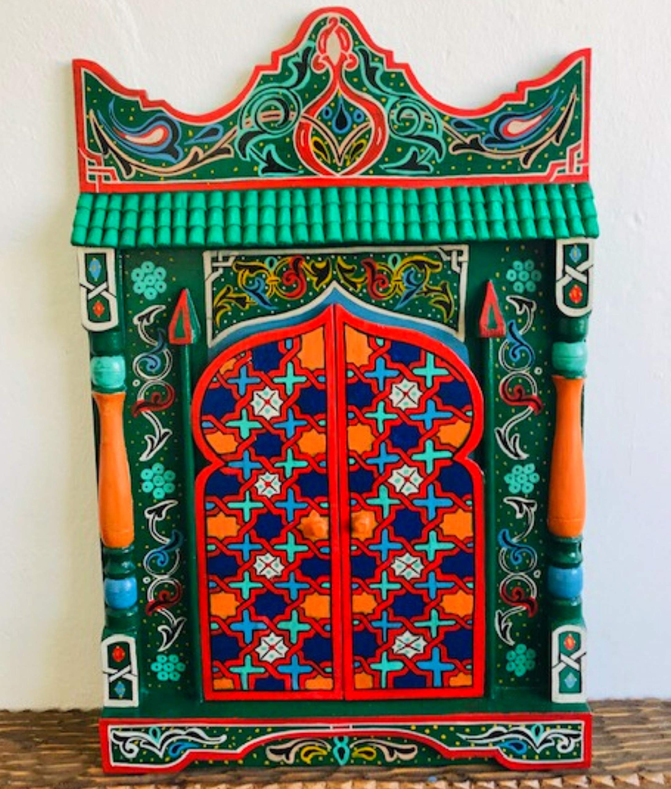 Hand-Painted Moroccan Wooden Shelf & Rustic Red Hanging Mirror Frame - Farmhouse Wall Art Decor for Living Room, Bedroom & Entryway (Blue)