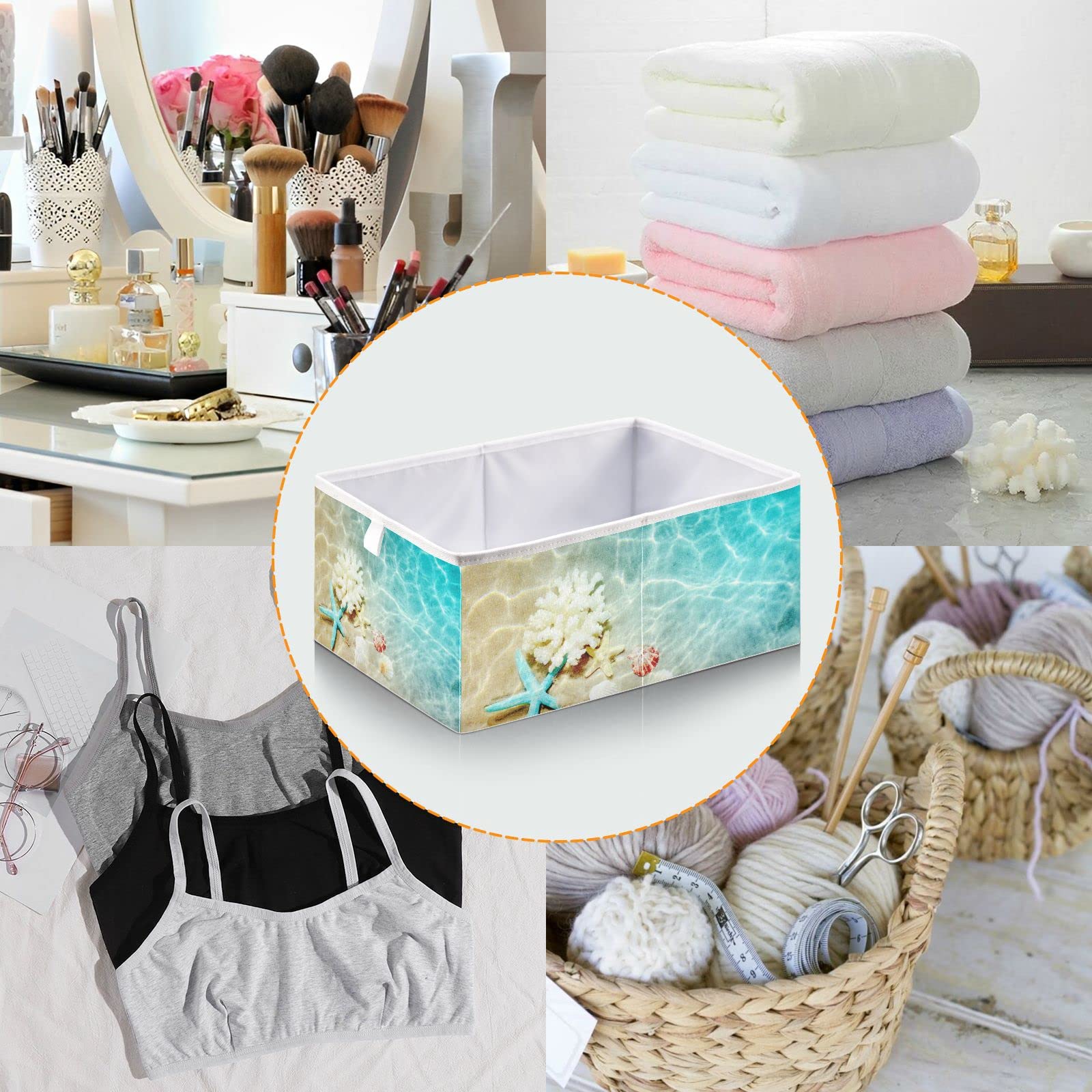 Foldable Starfish Seashell Storage Basket - 11x11x11 Inch Cube Bin for Shelves, Closet, Laundry & Nursery | Summer Beach Home Decor Organizer for Bedroom, Bathroom & Living Room