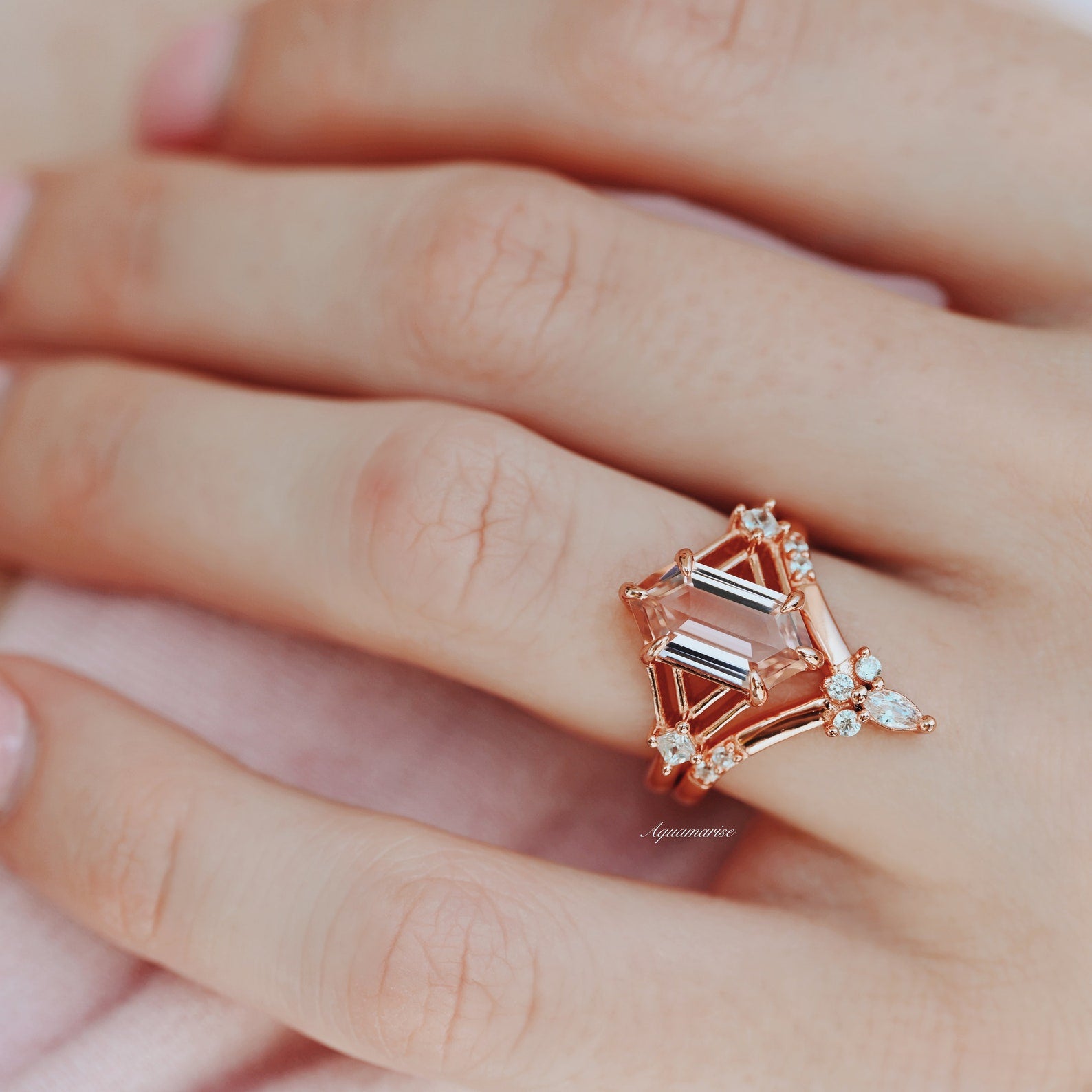 Celtic Hexagon Morganite Ring Set - 14K Rose Gold Vermeil Engagement & Wedding Jewelry for Women - Perfect for Bridal, Anniversary & Romantic Gifts