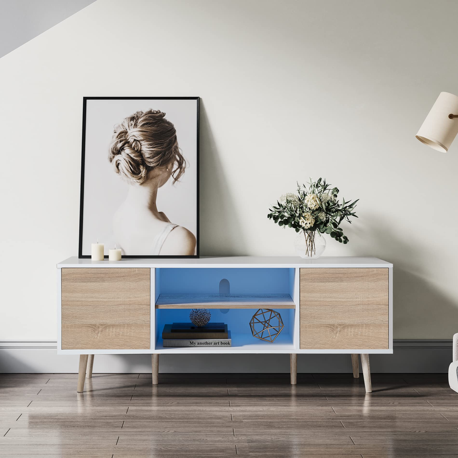 WAMPAT 60 Inch Mid-Century Modern TV Stand - Wood Media Console with Storage for Flat Screen TVs, White & Oak Entertainment Center - Perfect for Living Room, Bedroom & Home Theater Setup