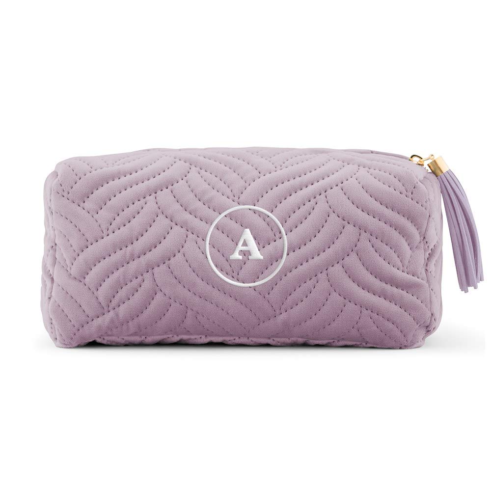 Personalized Velvet Quilted Makeup Bag for Women - Small Lavender Purple Wedding Gift, Bridesmaid Proposal, Travel Cosmetic Pouch for Bridal Shower & Bachelorette Party