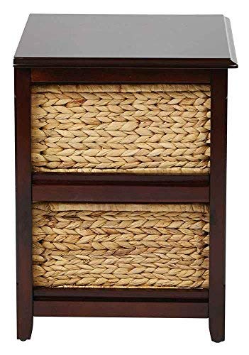 OSP Home Furnishings Seabrook 2-Drawer Storage Tower with Solid Wood Frame & Natural Woven Baskets - Espresso Finish for Bedroom, Living Room or Office Organization