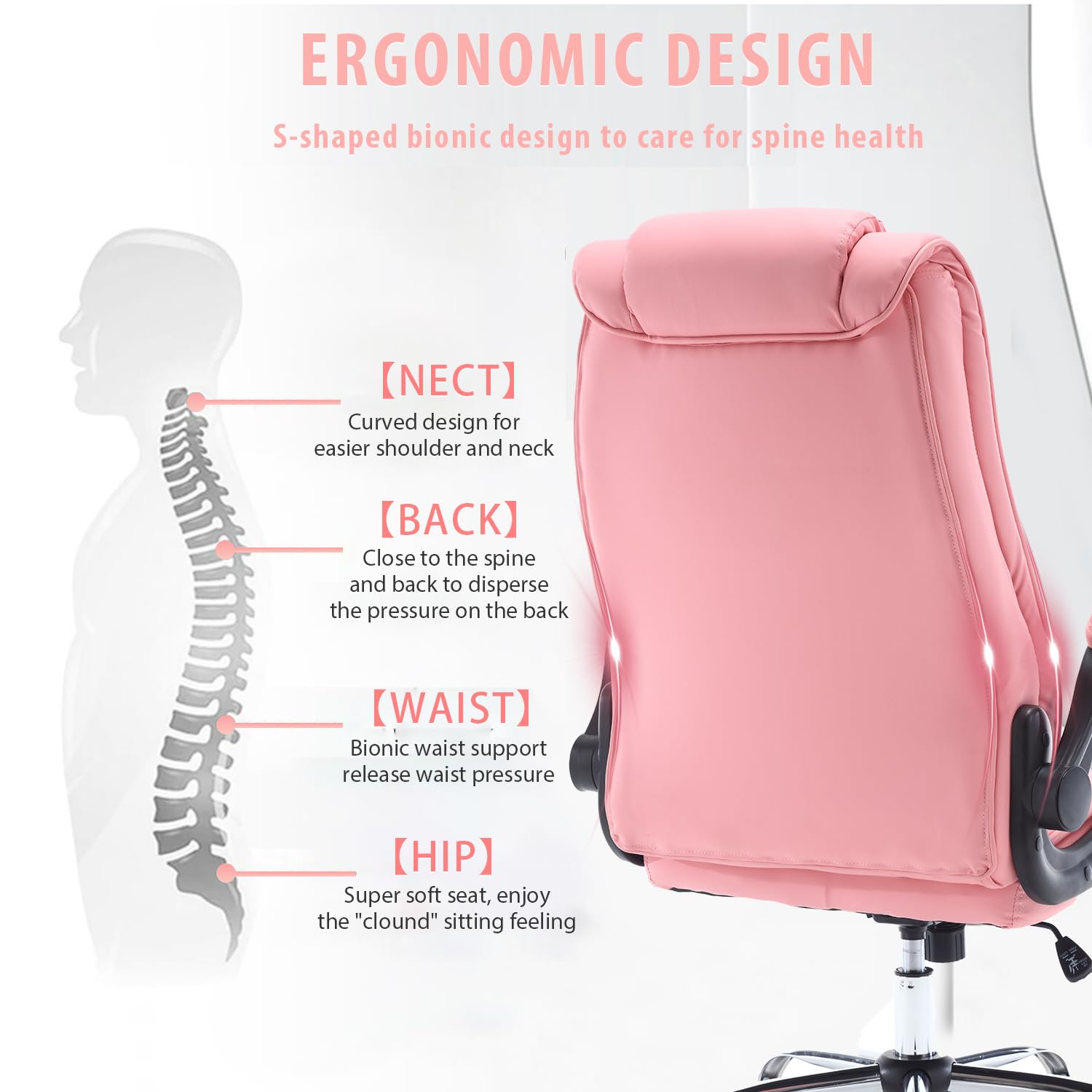 Ergonomic High Back Pink Office Chair for Women - 90°-120° Adjustable Swivel Computer Desk Chair with Wheels & Lumbar Support - Perfect for Home Office, Gaming, and Executive Workspaces