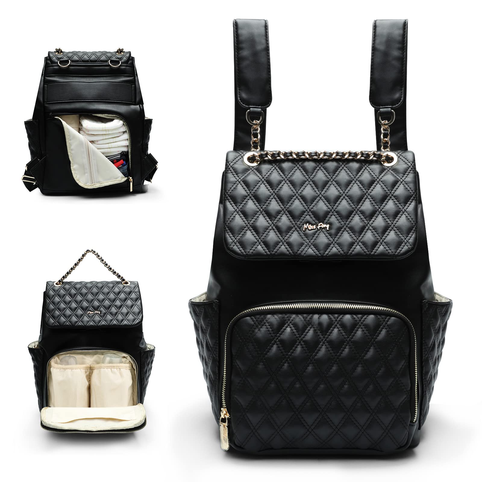 **Miss Fong Premium Leather Diaper Backpack for Baby Boys & Girls – 13 Organizing Pouches, Changing Pad, Stroller Straps & 4 Insulated Pockets (Black) – Perfect for Travel, Outings & Daily Baby Care**