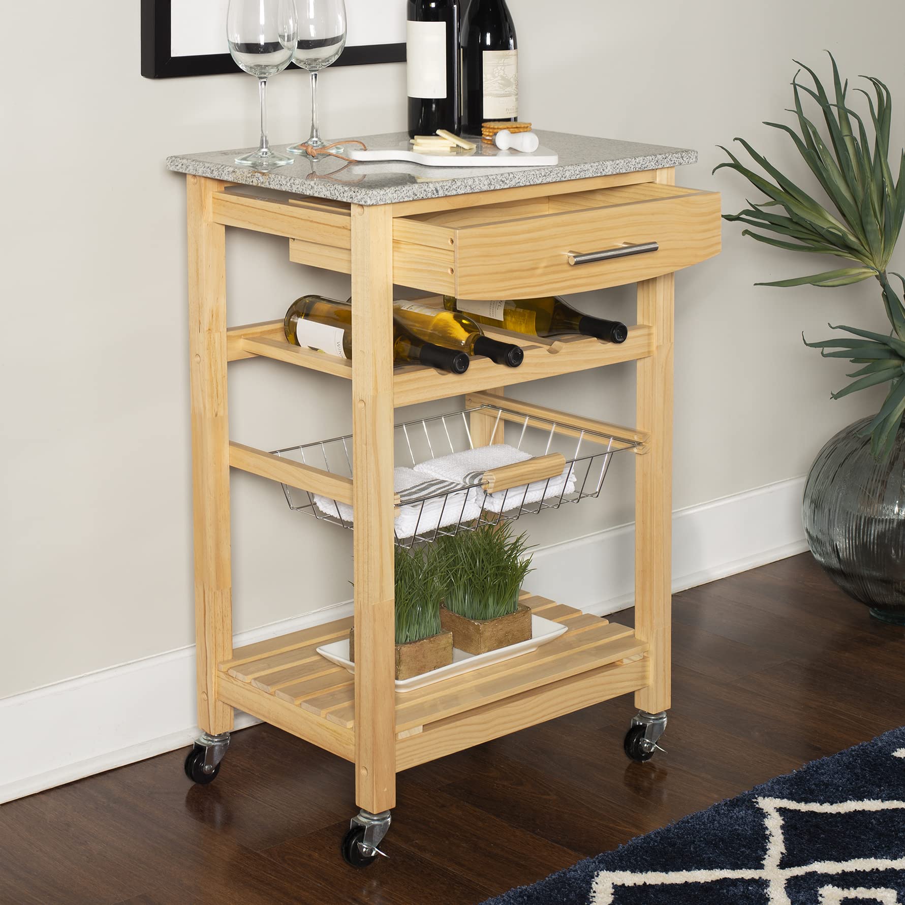 Linon Mila Natural Granite Kitchen Island with Storage Basket & Wheels - Mobile Kitchen Cart for Small Spaces, Food Prep & Extra Counter Space