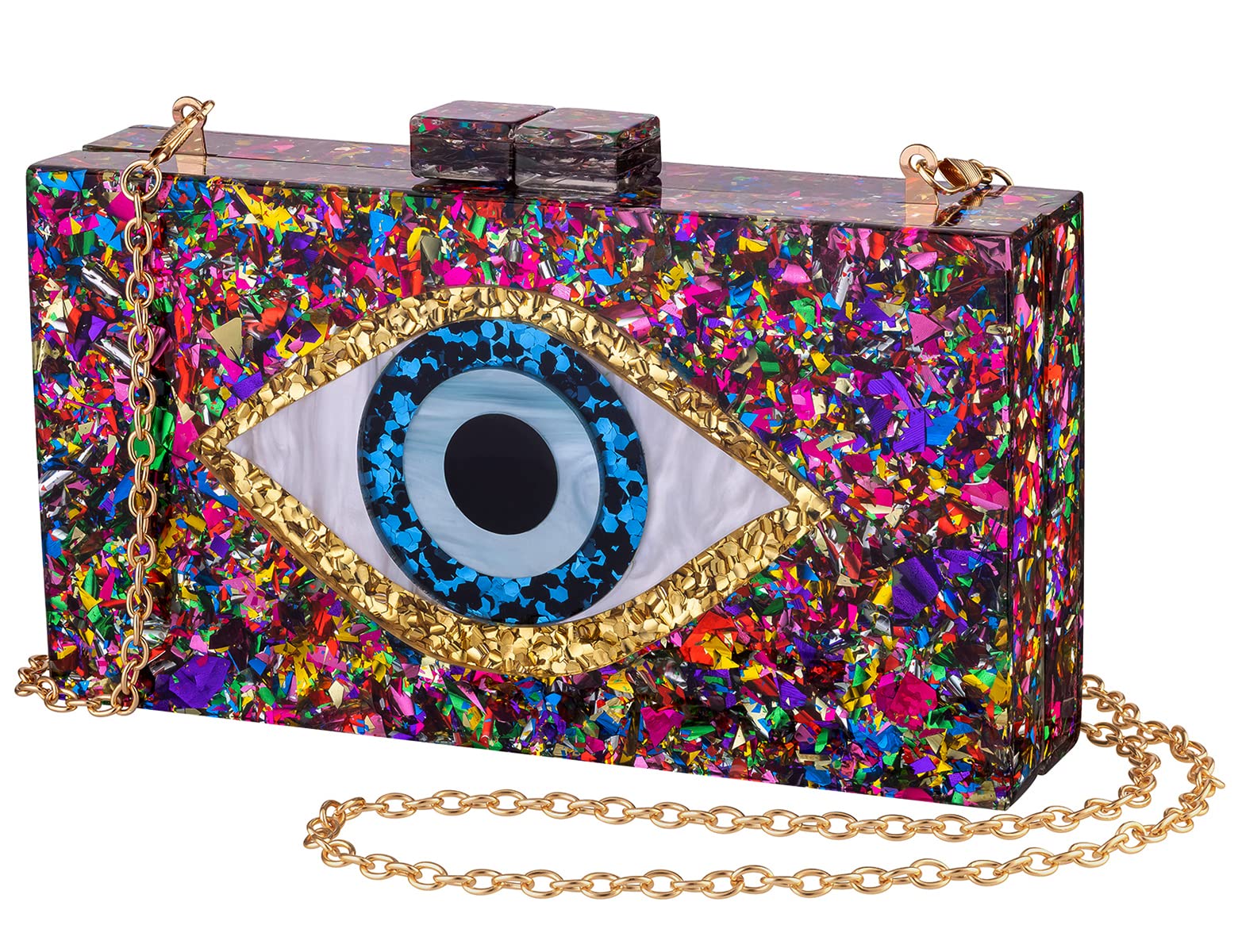 LETODE Women's Evil Eye Acrylic Clutch Purse - Glitter Evening Bag with Chain, Shoulder & Crossbody Strap - Perfect for Parties, Weddings & Night Out