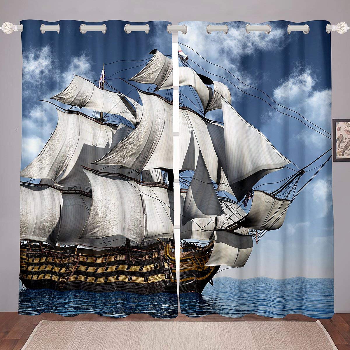 Erosebridal Nautical Pirate Boat Curtains - Blue Waves Blackout Drapes for Living Room & Bedroom