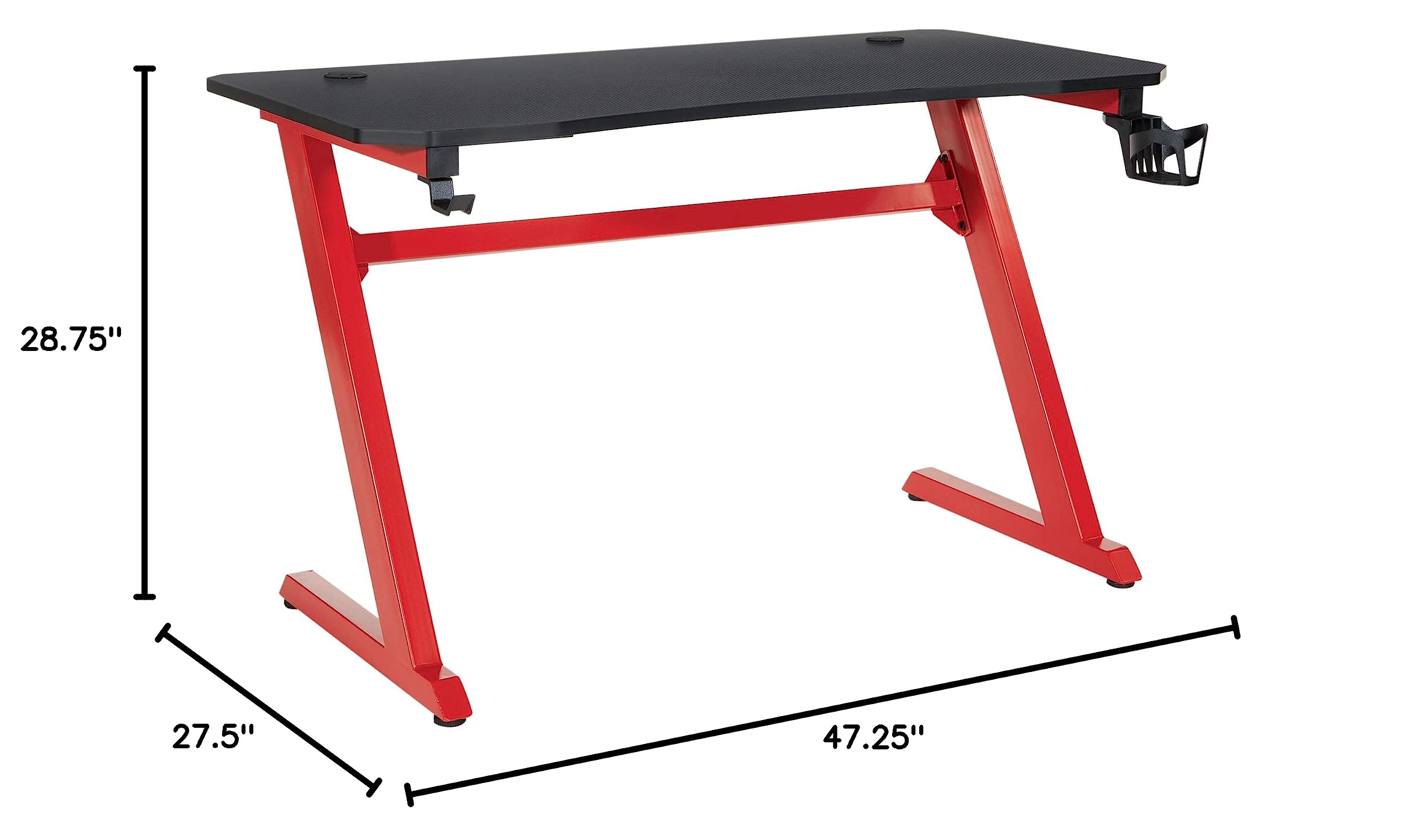 OSP Home Furnishings Ghost Battlestation Gaming Desk - Carbon Fiber Surface, Matte Black Top & Red Legs with Accessories | Perfect for PC Gaming Setup, Streaming & Home Office Workspace