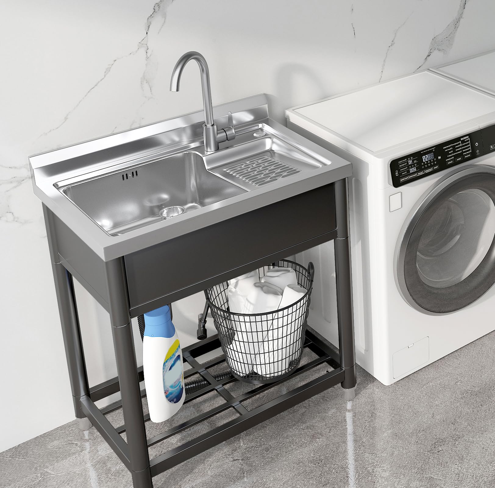 Stainless Steel Utility Sink with Washboard | Free Standing Laundry Tub Sink | Hot & Cold Water Faucet | 20.8