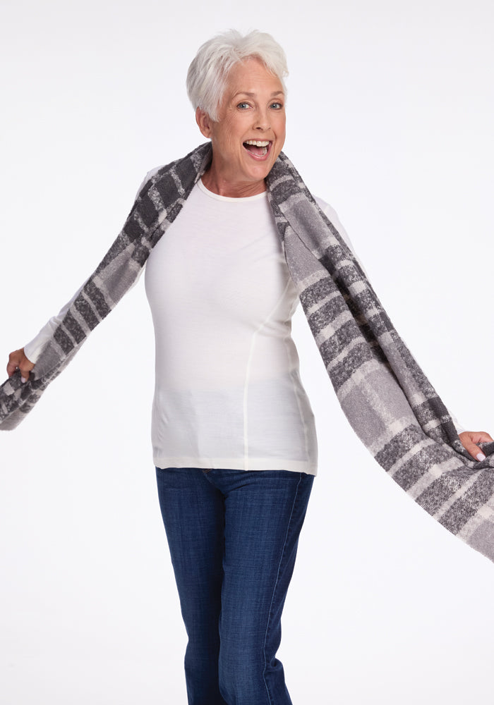 Bradie Scarf - Soft Dark Grey Plaid Winter Wrap for Women | Warm Fashion Accessory for Cold Weather, Office & Outdoor Activities