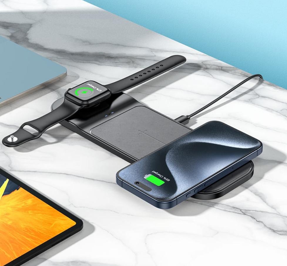 3-in-1 Fast Wireless Charger Stand for iPhone 14/13/12, Apple Watch & AirPods - Qi-Certified Charging Station for Bedroom, Office & Nightstand