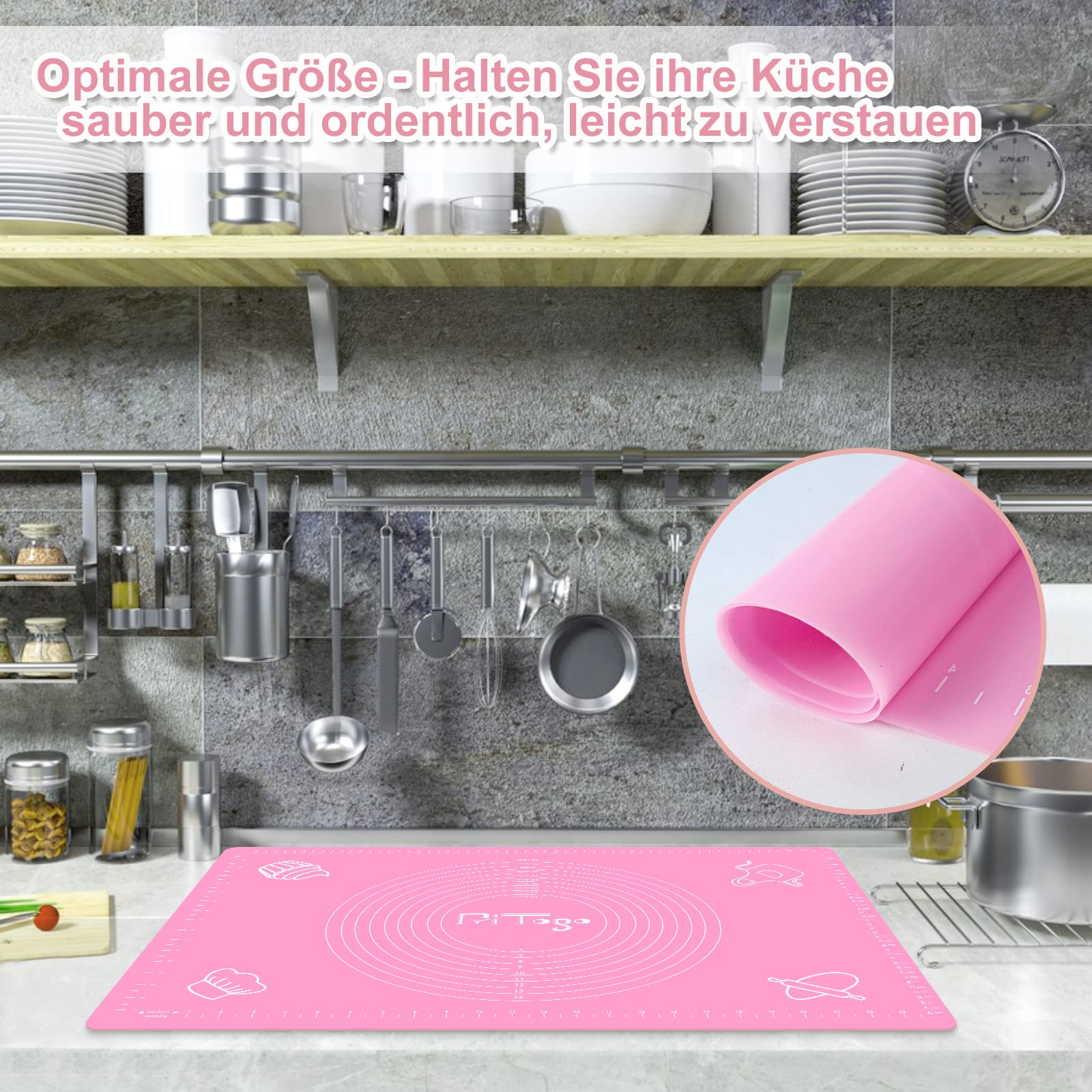 Pritogo Non-Stick Silicone Baking Mat with Measurement Scale (65 x 45 cm) - Extra Stable Non-Slip Dough Rolling Mat for Cookies, Pastry & Pizza Making - Perfect for Home Baking & Kitchen Use