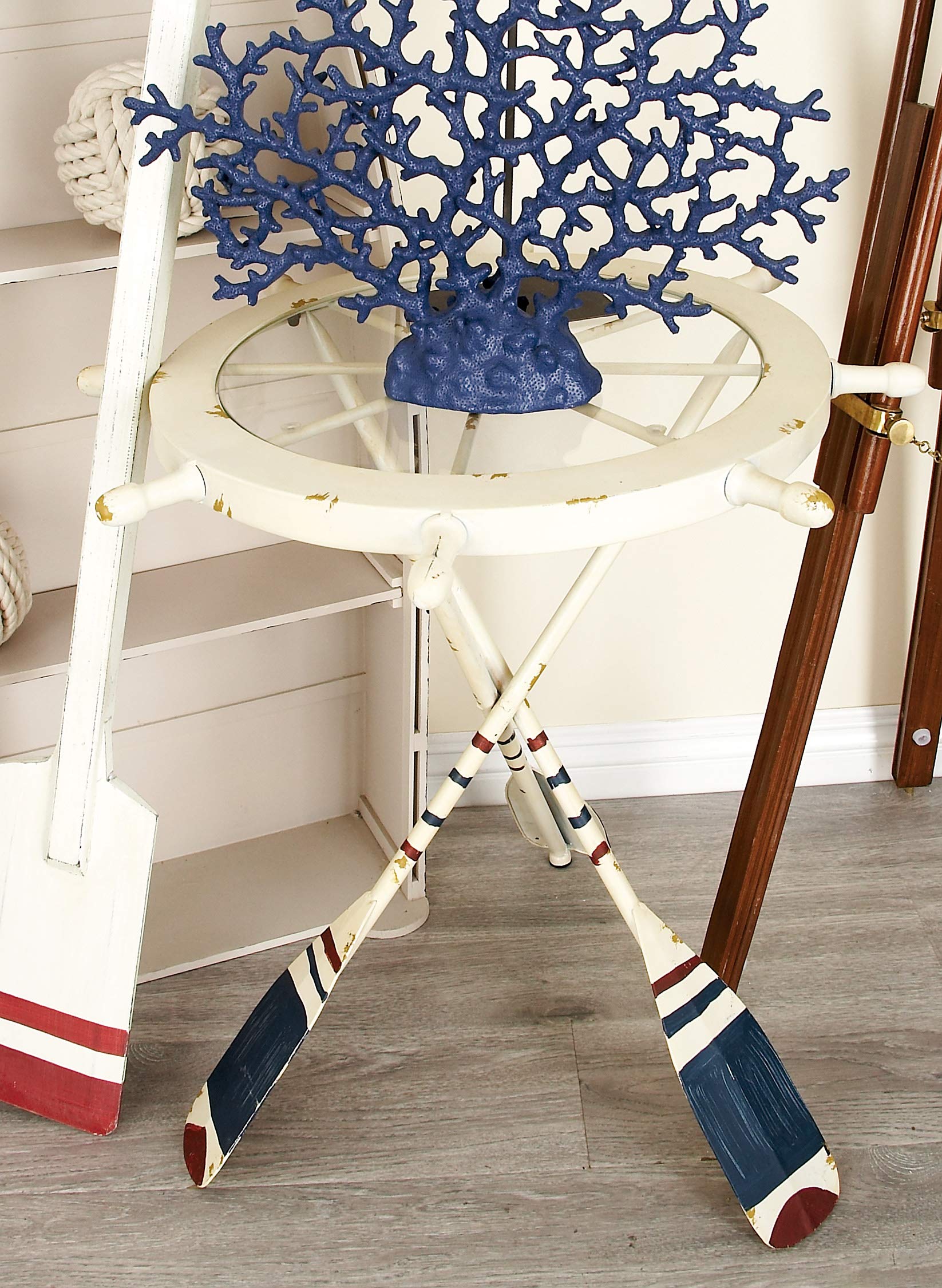 Deco 79 Nautical White Metal Ship Wheel Side Table with Oar Shaped Legs - 23x23x24 Inches - Coastal End Table for Living Room, Bedroom or Patio Decor