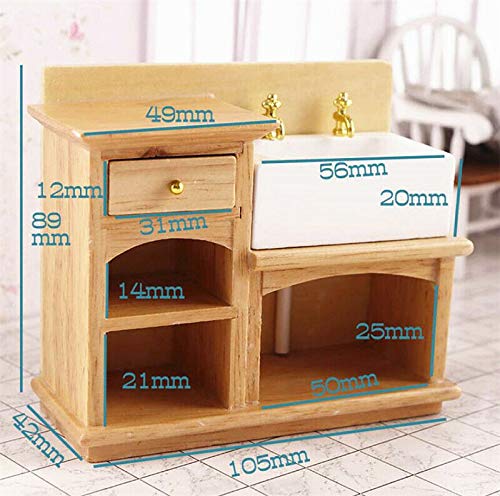 1/12 Miniature Wooden Wash Basin Cabinet with Ceramic Hand Sink - Perfect for Dollhouse Bathroom & Kitchen Decor, DIY Craft Projects, and Model Home Accessories