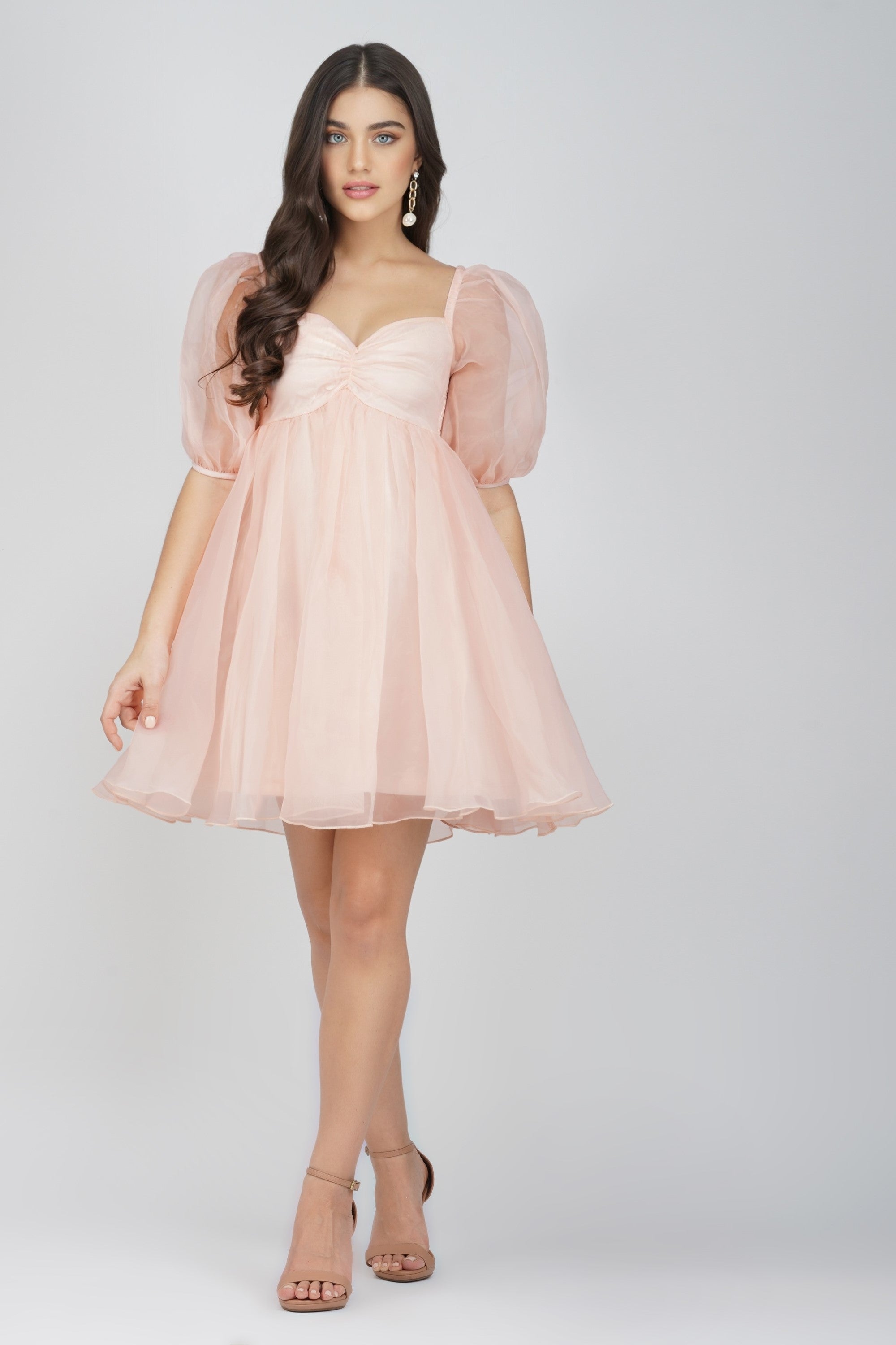 Melanie Pink Puff Sleeve Dress for Women - Elegant Flowy Midi Dress with Ruffle Details | Perfect for Weddings, Parties & Special Occasions