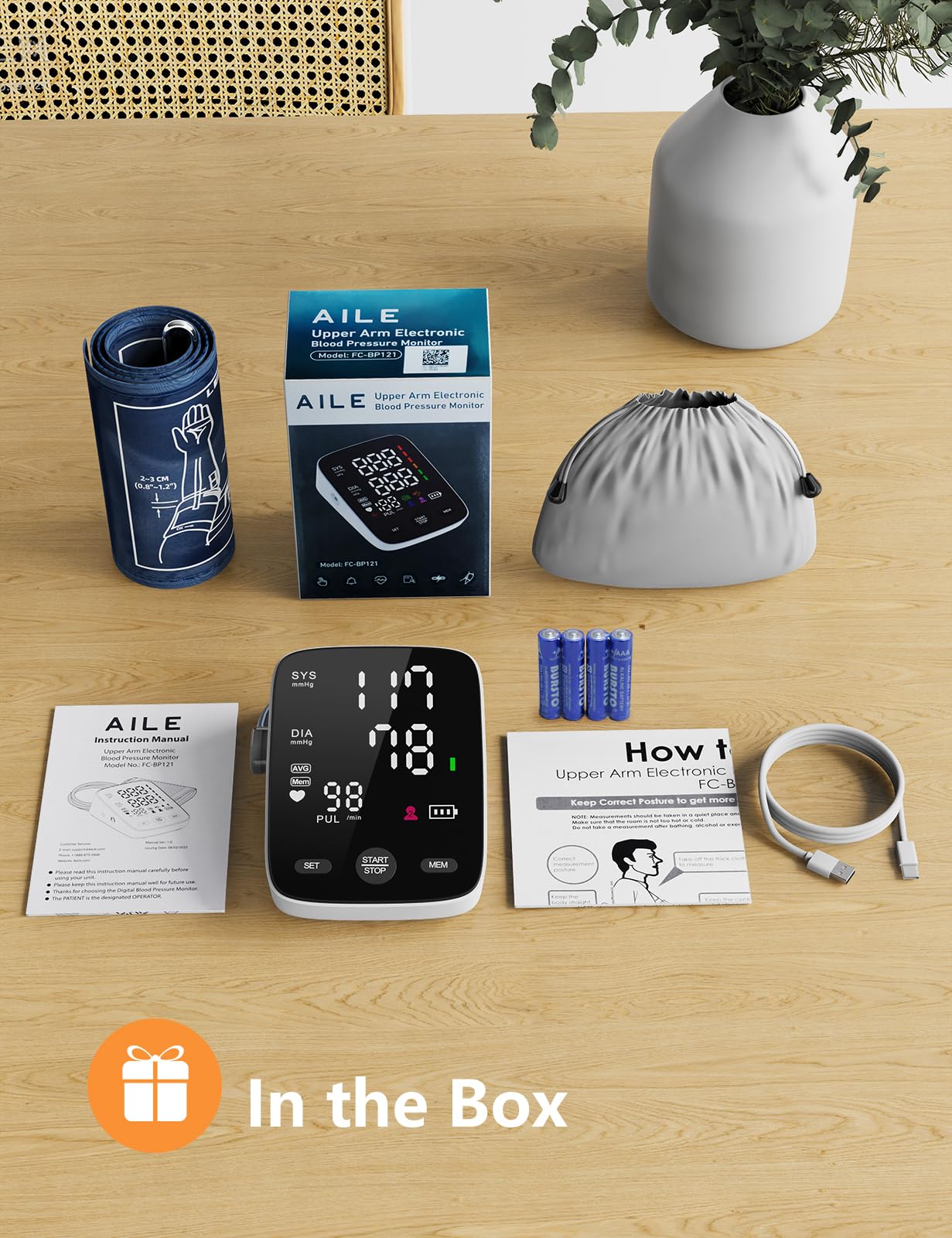 AILE Digital Blood Pressure Monitor for Home Use - Large LED Backlit Screen, Adjustable Cuff (22-42cm), Accurate Upper Arm BP Machine - Perfect for Seniors & Health Monitoring