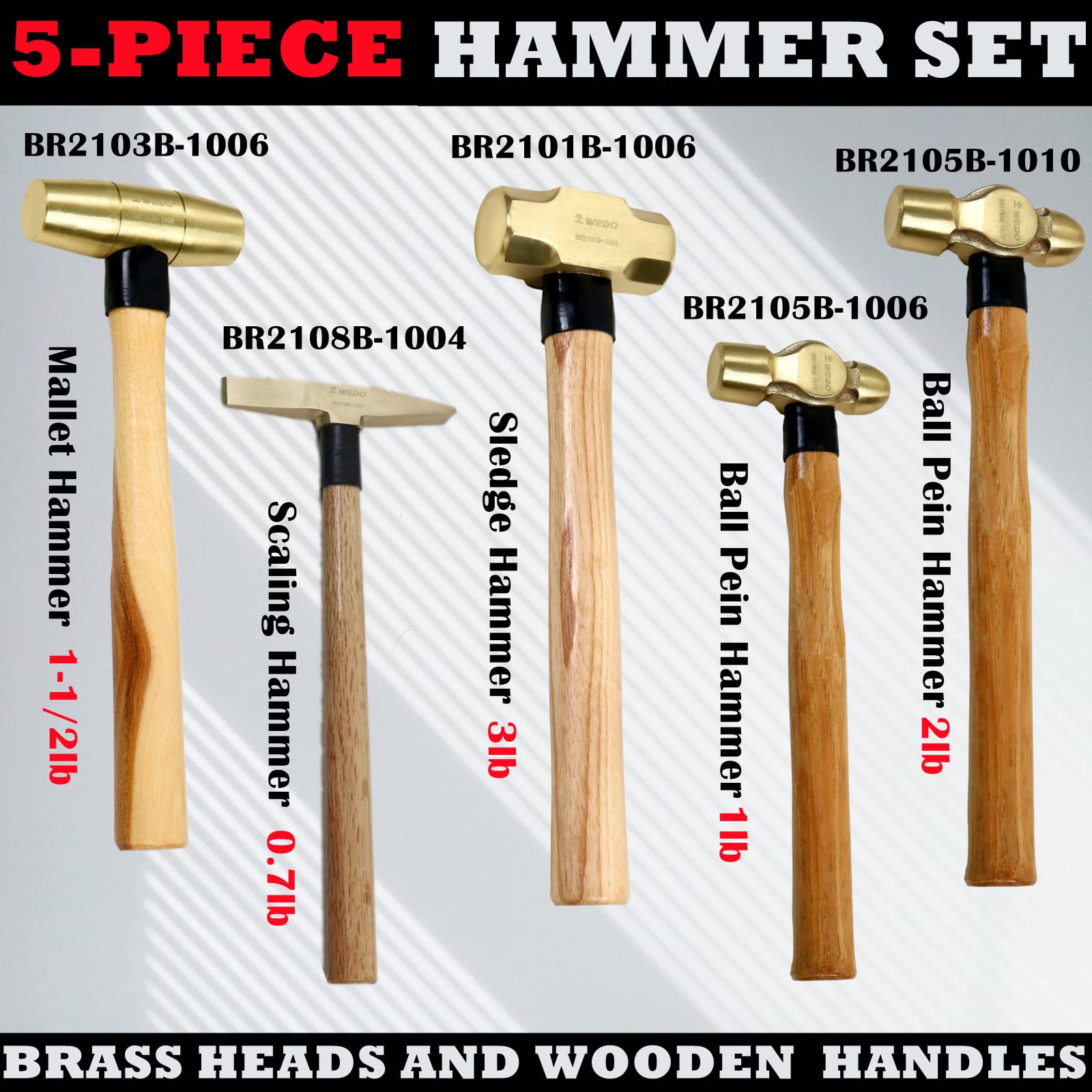 WEDO 5-Piece Professional Hammer Set with Wooden Handle - 3lb Sledge Hammer, 1.5lb Drum Hammer, 1lb & 2lb Ball Pein Hammers, 0.7lb Scaling Hammer - Perfect for Construction, Woodworking, Metalworking & DIY Home Projects