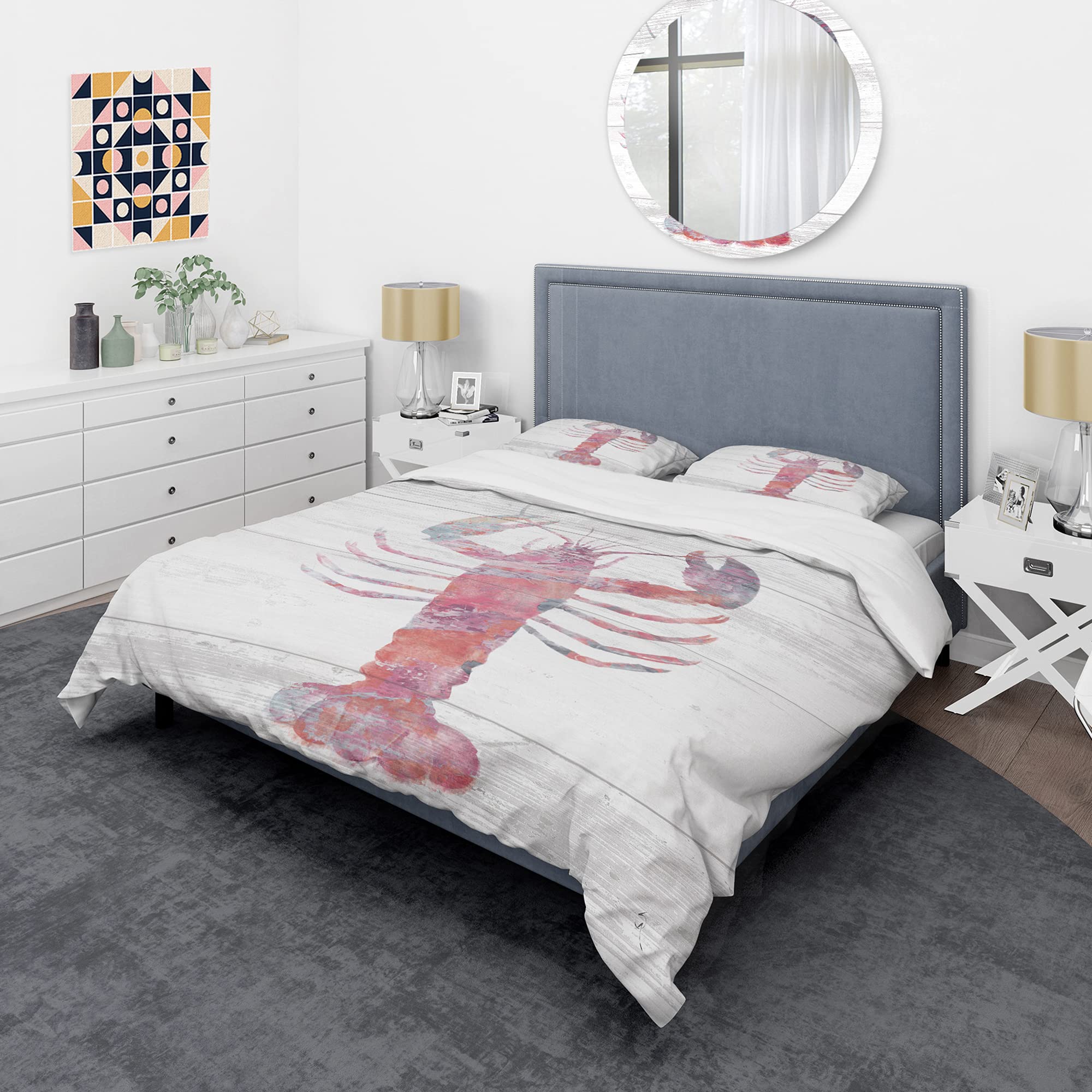 DesignQ Pink Lobster Ocean Life Nautical Coastal Duvet Cover Set - King Size 3-Piece Bedding Set with Animal Print | Perfect for Beach House, Coastal Decor & Summer Themed Bedrooms