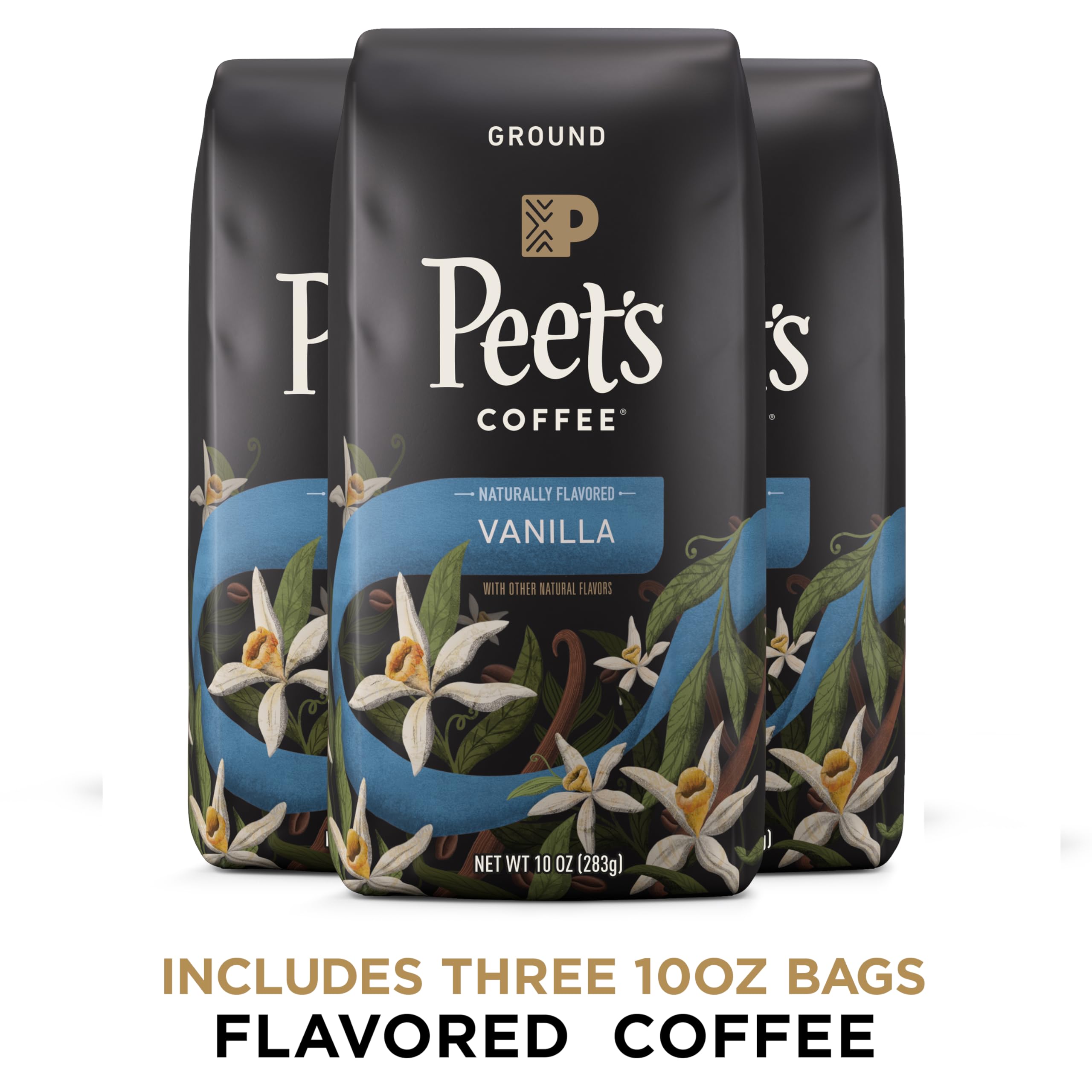 Peet's Coffee Vanilla Light Roast Ground Coffee - 30oz (3 x 10oz Bags) | Premium Arabica Beans for Home Brewing, Office & Camping Use
